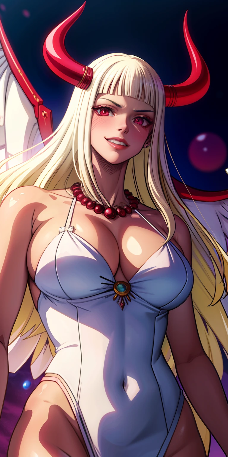 (((anime))), ((animated)), (GAL:1.3), medium hair, ,blonde hair, white hair, red eyes, (sharp eyes), (((tareme))),Pink Lip,piercing,necklace,[black skin],(gleaming skin),seductive grin smug,blush, ((((cute)))), beautiful, 1 girl, solo,(rlingerie:1.2),beautiful background,((morning)),sunlight,backlighting,masterpiece,best quality,exquisite,8k,absurdres,super fine illustration,(looking down at viewer),squashed boobs, horns, demon wings, curvey, ((beautiful detailed eyes)), (((albino)))