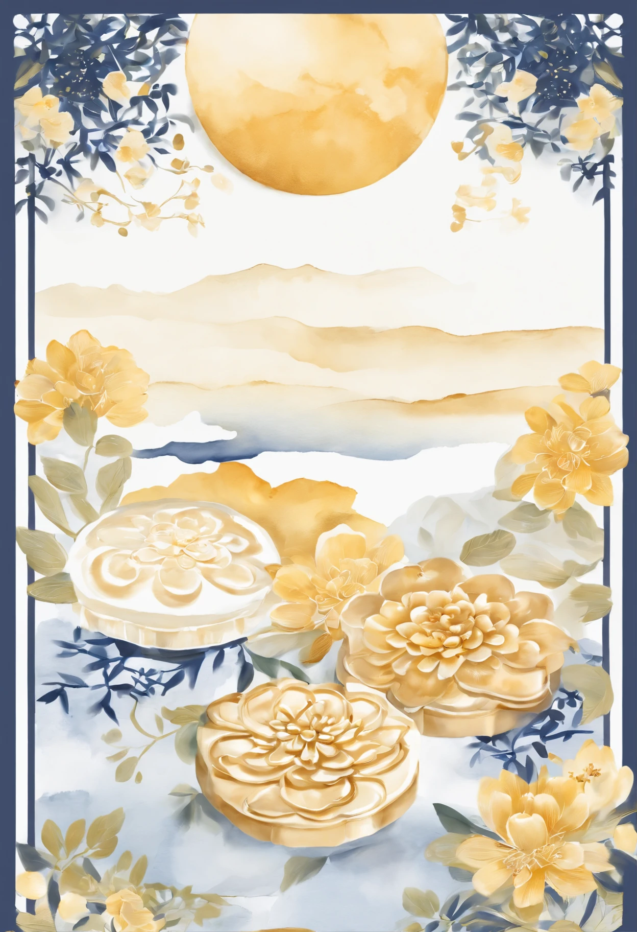 Biological map, Moon cake,Small flowers,white and yellow, Beautiful, 1:1, the watercolor style, Wet process and wet process, mute, Indigo, Fabric design, Flat illustration, highly detailed cleaning, Vector image, Masterpiece, professional, isometry, There is a distance,Bright vector, White background, Dry brush, Brush strokes, Painted on canvas, by J.m.Show on the. Turner. Expressive markers.