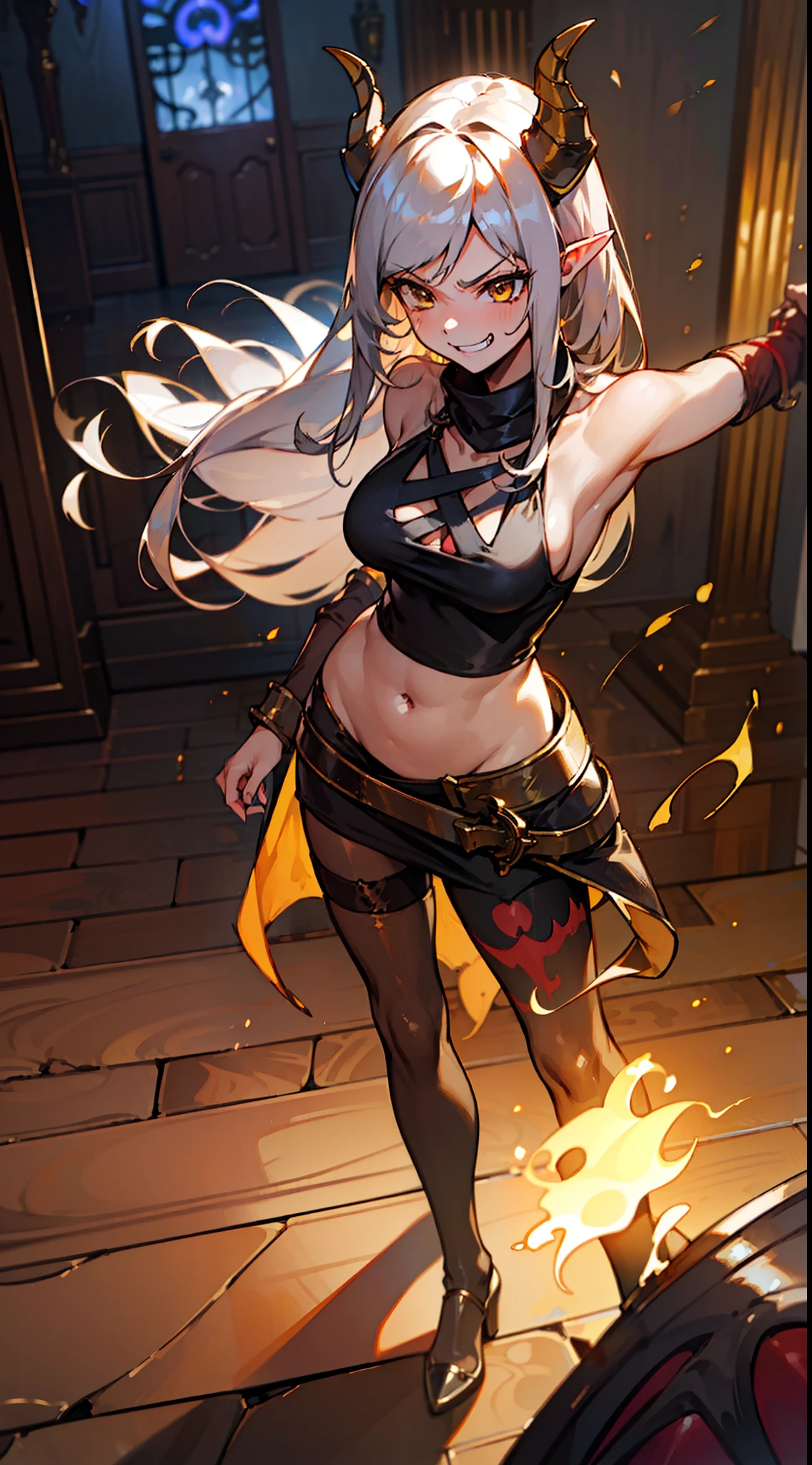 girl,brown skin, hidden arms,long hair, white hair,curly hair,yellow eyes,(((villain,psycho,villain smile, psychopath, angry))), medium boobs,show belly,gold armor outfit, black small shirt,long black stockings, detailed clothes, masterpiece, hyper realistic, high definition,black horns,black pantyhose,elves ears,yellow scarf,close-up,(((standing inside of a room in mansion in night))),((fires surrounding, glistening sparks)))