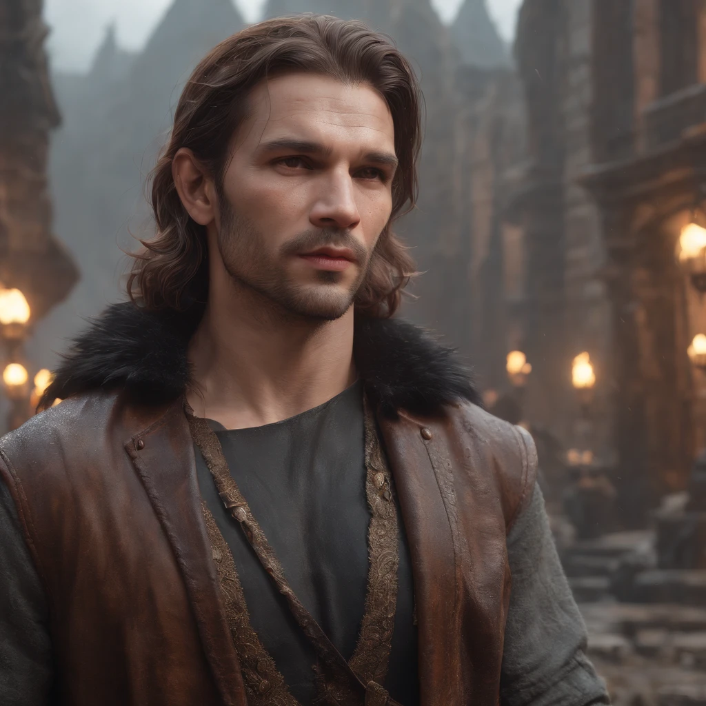 (professional 3d render:1.3) af (Realistic:1.3) soft and shiny male heroes, ((Epic hero fantasy muscle man rough wet hero angry looking long hair short beard and ferocious expression in dynamic pose, Fantastic location, Majestic cluttered environment)), Full body 8K unified rendering, action shot, skin pore, very dark lighting, heavyshading, Detailed, Detailed face, (vibrant, photograph realistic, Realistic, Dramatic, Dark, Sharp focus, 8K), (scant Old leather garments damaged by weathering:1.4), ((((Wear little fur)))), (Intricate:1.4), decadent, (Highly detailed:1.4), Digital painting, rendering by octane, art stations, concept-art, smooth, Sharp focus, illustration, Art germ, (loish:0.23), wlop ilya kuvshinov, and greg rutkowski and alphonse mucha gracias, (Global illumination, Studio light, volumettic light), heavy rain, particles floating, lotr, fantasy, elf, full body, ((Dark and ancient city background:1.3)),CGSesociety,art stations,bulge crotch