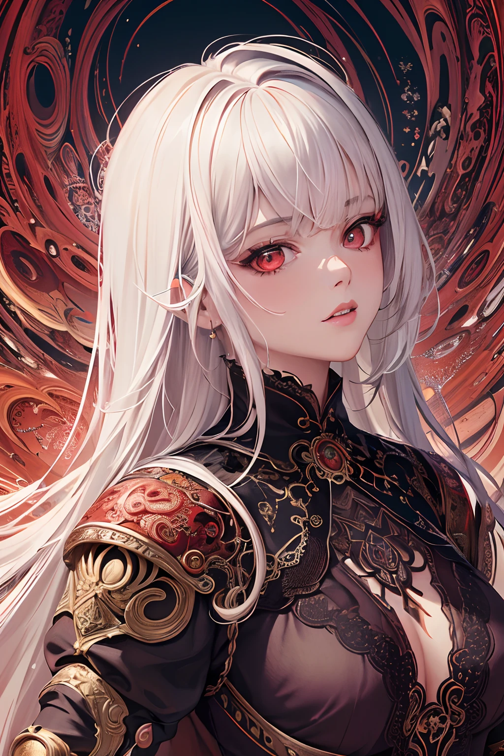 (masterpiece, top quality, best quality, official art, beautiful and aesthetic:1.2), (1girl:1.3), extreme detailed,(fractal art:1.3),colorful,highest detailed, white hair, red eye