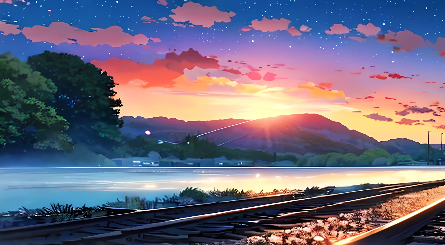 2 girl, Beauti Summer night sky, skura, In style of Makoto shinkai 2D, master part, melhor qualidade, anime, Rosto altamente detalhado, olhos altamente detalhados, Antecedentes altamente detalhados, perfect lighting, corpo inteiro, sun chan representado o sol, O Sol era animado, radiante e vaidoso de seu trabalho. moon chan representando a lua, Lua era reservada, delicada e humilde, Holding each other's hand, Moon chan is guiding Sun chan,camiseta, medium breasts,obra-prima de alta qualidade , scenecy，anime train passing through bodies of water on tracks， Bright starry sky, Fotos de filmes, sorrir, Pixiv，Conceito-Arte，estilo de arte lofi，Refletores。 por makoto shinkai, Arte Lofi, belas cenas de anime, Paisagens de anime, detailed cenary