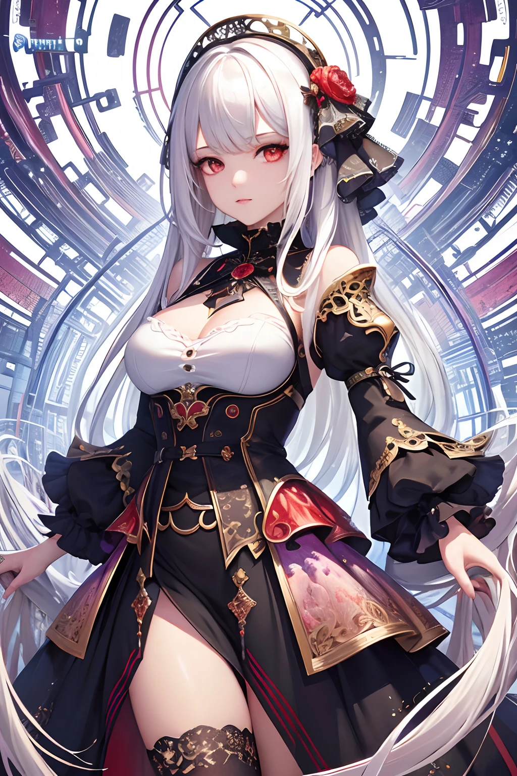 (masterpiece, top quality, best quality, official art, beautiful and aesthetic:1.2), (1girl:1.3), extreme detailed,(fractal art:1.3),colorful,highest detailed, white hair, red eye
