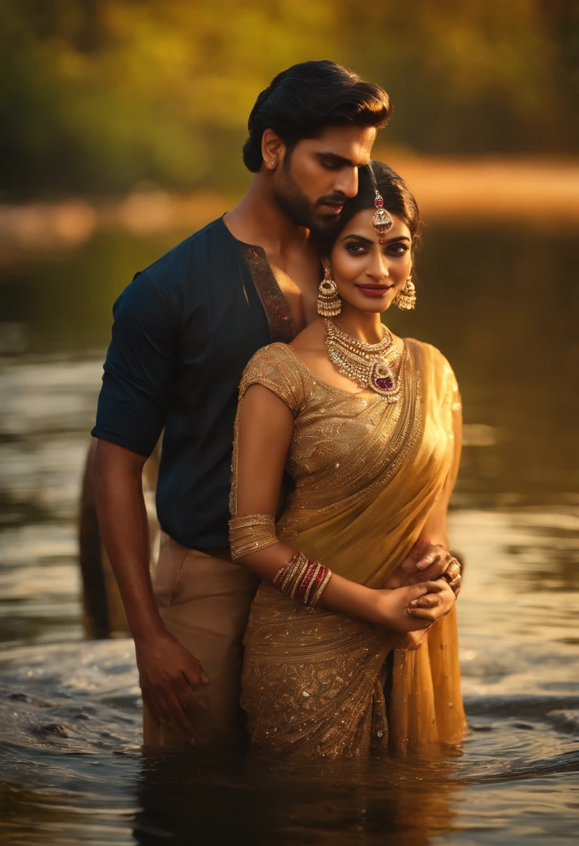 A Indian couple standing in river, realistic face, golden hour, ultra-realistic 8k CG, perfect artwork, upper body, full face, soft lips, human face, shiny hair, glowing eyes, shiny skin, realistic, 3d face, looking at the audience, seductive, gorgeous, luxury, jewelry, gemstones, gold, silver, diamonds, glitter, sapphire, Ruby, emerald, pearl, amber, obsidian,