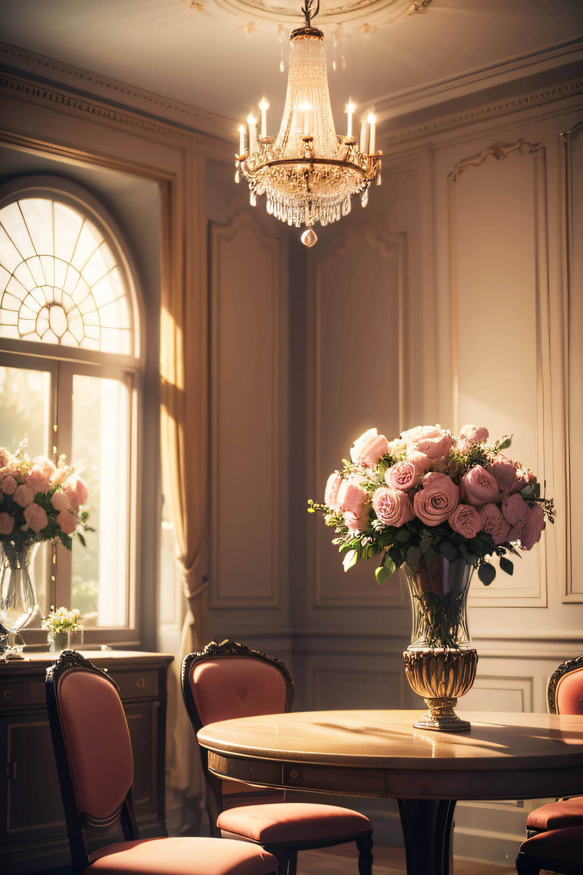 Interior space of a romantic and classic Parisian dining room decorated with (((muchas flores))), with several classic tables and chairs, Manteles elegantes con arreglos florales de varios colores en las mesas, Art Deco atmosphere with a large window through which to see a tree and the Eiffel Tower, Elegant atmosphere, Muchoos detalles, Lumion 8K Render, Renderizar la arquitectura del motor irreal, Muchoos detalles, Romantic cinematic lighting in warm tones, Image in the style of an impressionist oil painting, Mucho, Manet Cézanne,