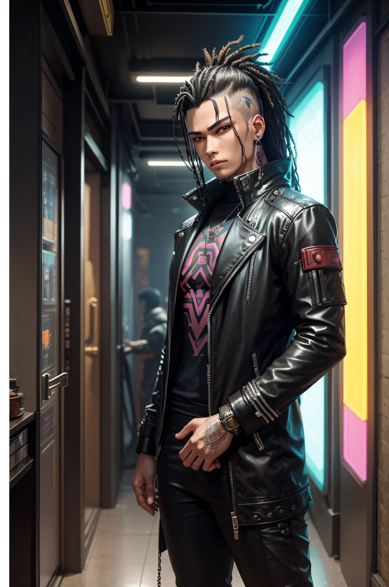 Um personagem netrunner para o jogo de RPG de mesa cyberpunk 2020, The character is a man who is a Vietnamese netrunner who has hair with locks and wears earrings in one ear and has leather clothes