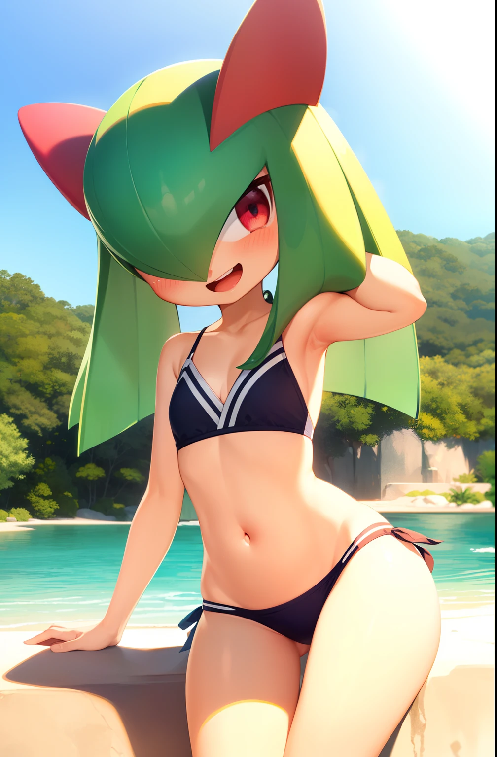 obra maestra, mejor calidad, 1 girl in, solo, kirlia, cabello azul, shiny kirlia, ojos rojos, en un yate, riendo, bikini, bikini de dos piezas, senos grandes, senos femeninos grandes y redondos, (((embarazada))), bikini rojo.