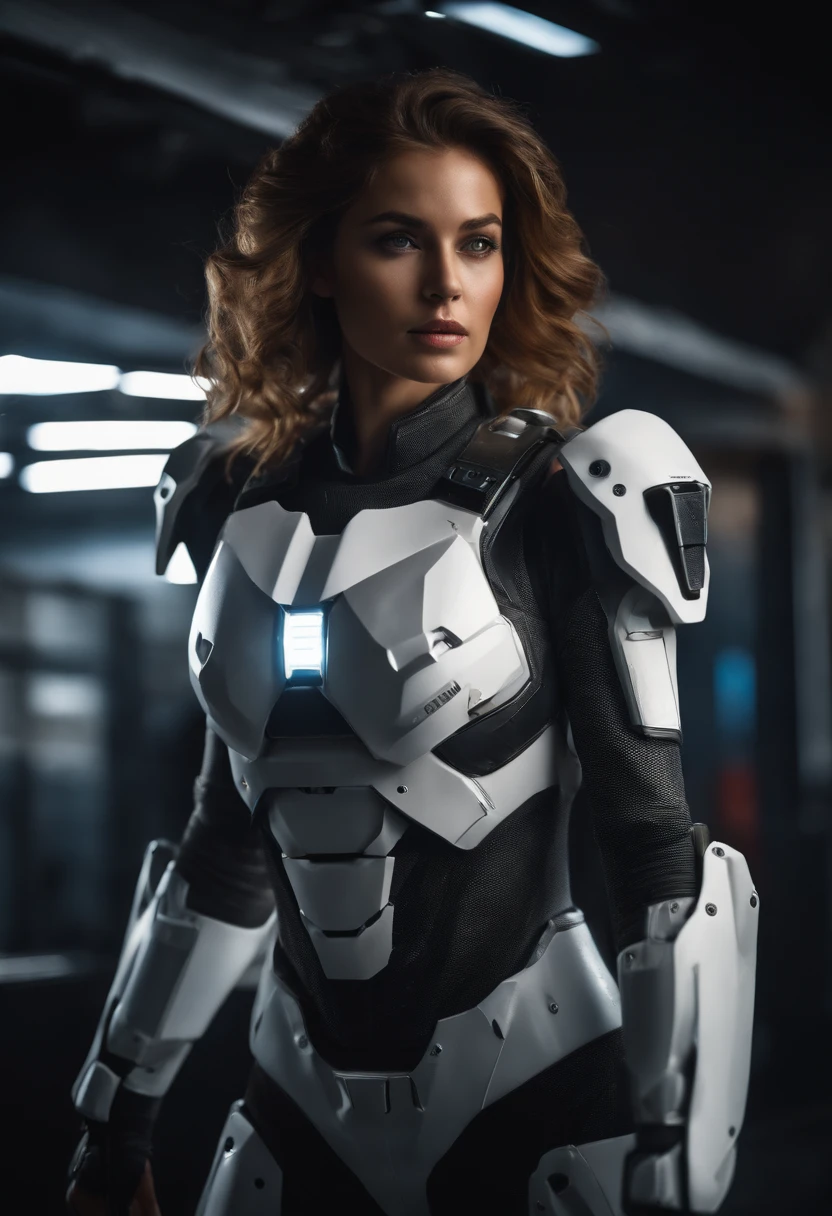 masterpiece, best quality, ultra realistic, hyper-detailed, 8k resolution, RAW photo, sharp focus, (1girl), solo, gorgeous face, perfect body, mature female, 25yo,  portrait, mecha, white armor, nanosuit, sexy, messy hair, cinematic, cinematic light, dark theme