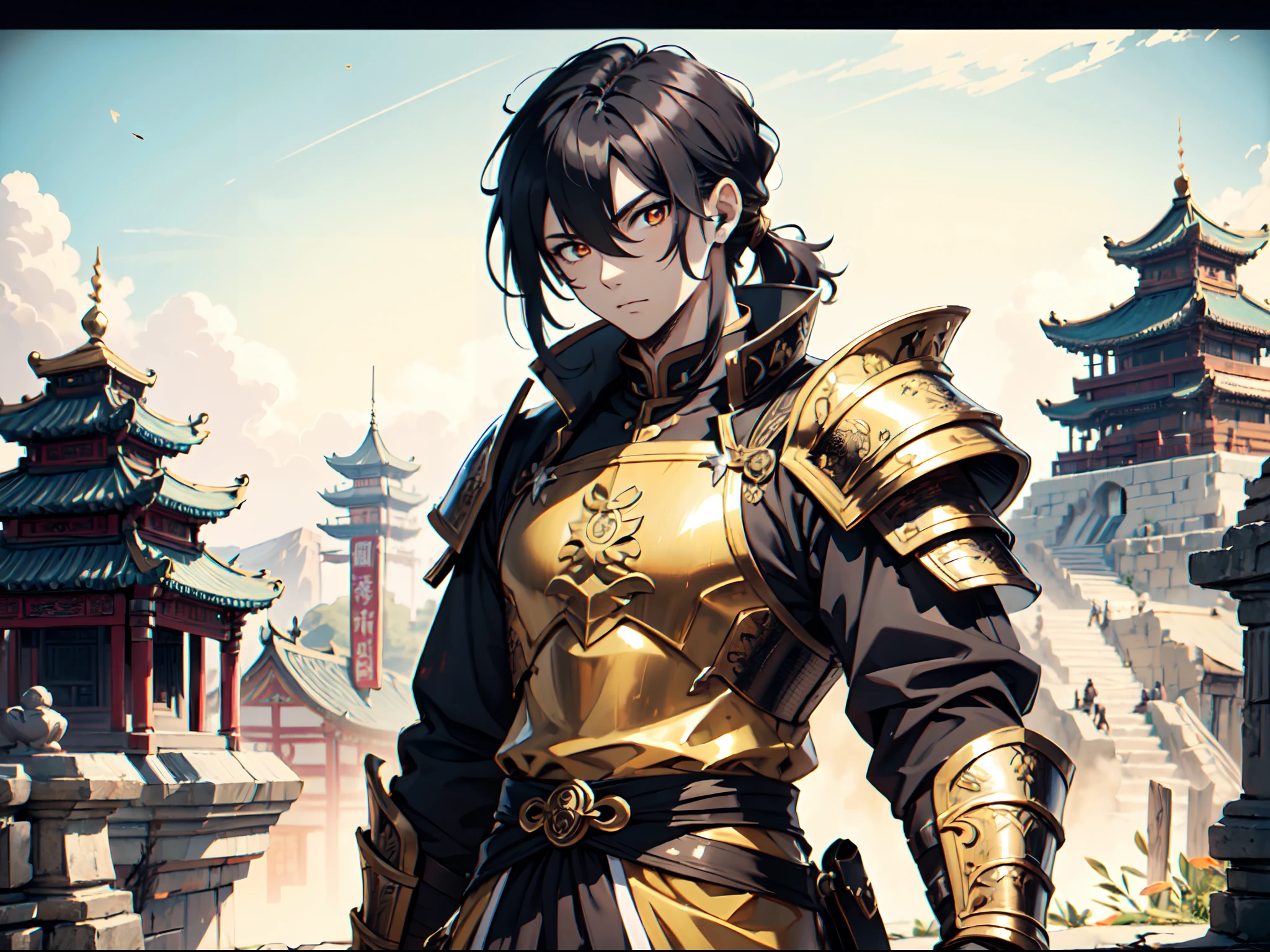 Ultra High Definition, Ultra High Quality, Extremely Detailed, Perfectly Detailed, Masterpiece, 8k, 1 Boy, Look A Like Xin From Kingdom Anime, Handsome, Armored With Chinese Emperor Armor, Black And Orange Pupil Eyes, Black Long Hair Tied, Full Body Shot, Ancient Kingdom Background