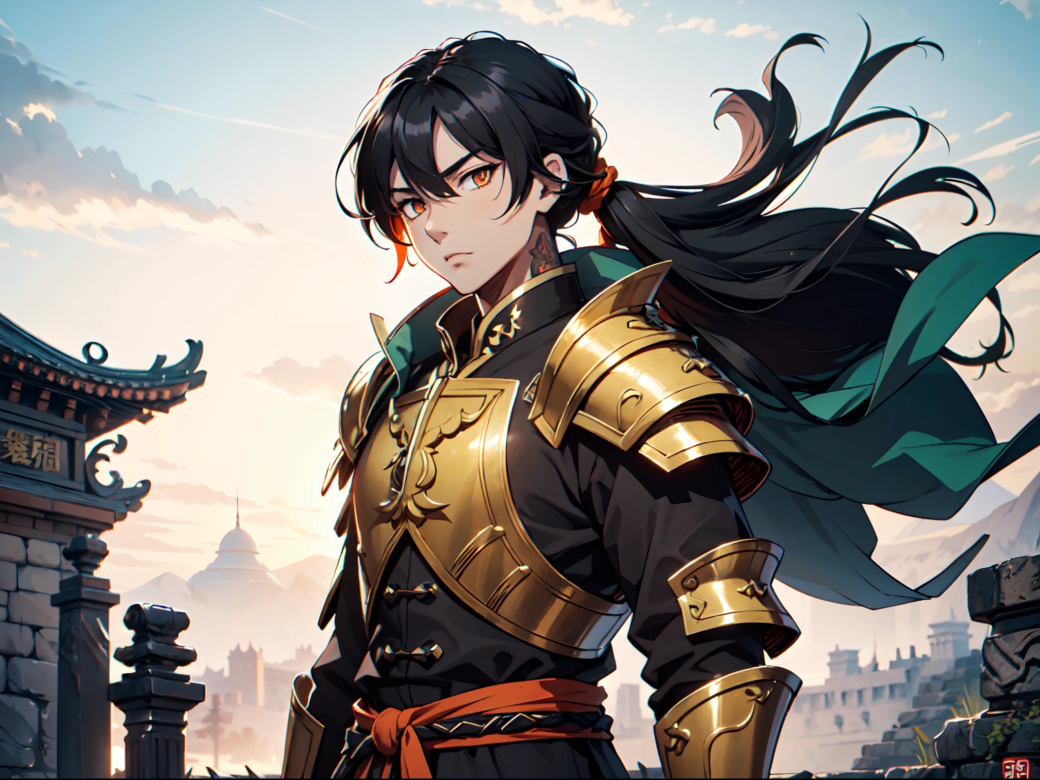 Ultra High Definition, Ultra High Quality, Extremely Detailed, Perfectly Detailed, Masterpiece, 8k, 1 Boy, Look A Like Xin From Kingdom Anime, Handsome, Armored With Chinese Emperor Armor, Black And Orange Pupil Eyes, Black Long Hair Tied, Full Body Shot, Ancient Kingdom Background