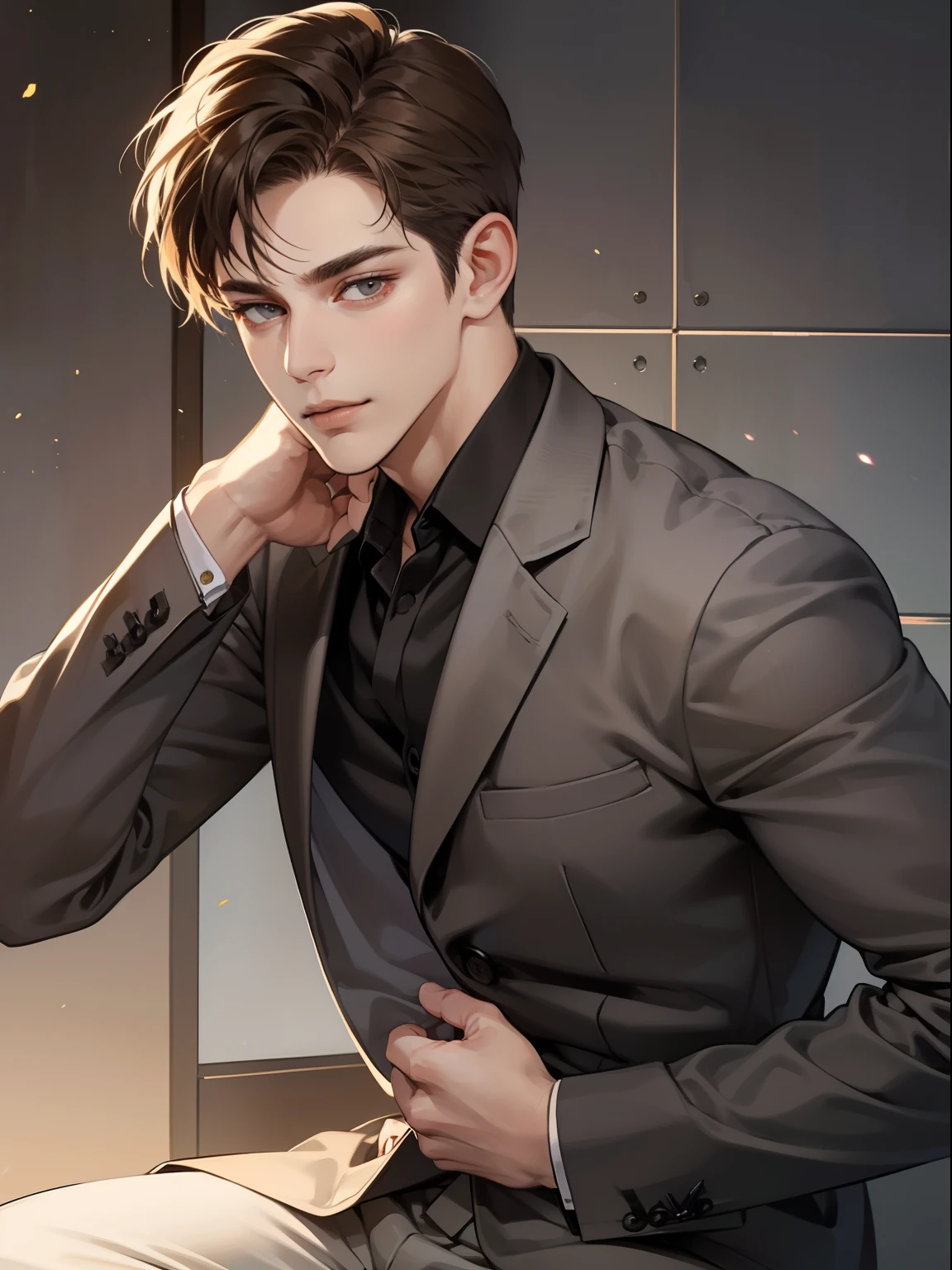 masterpiece, best quality, realistic, 1man, mature male, quiet and charming young man, 25 year old, serious look, closed mouth, portrait, extremely detailed face, cold smile, ((dark grey eyes)), ((short-right-swept dark brown hair)), [thick eyebrows], ((suit)), handsome, full body, western, Jewish, light brown skin,