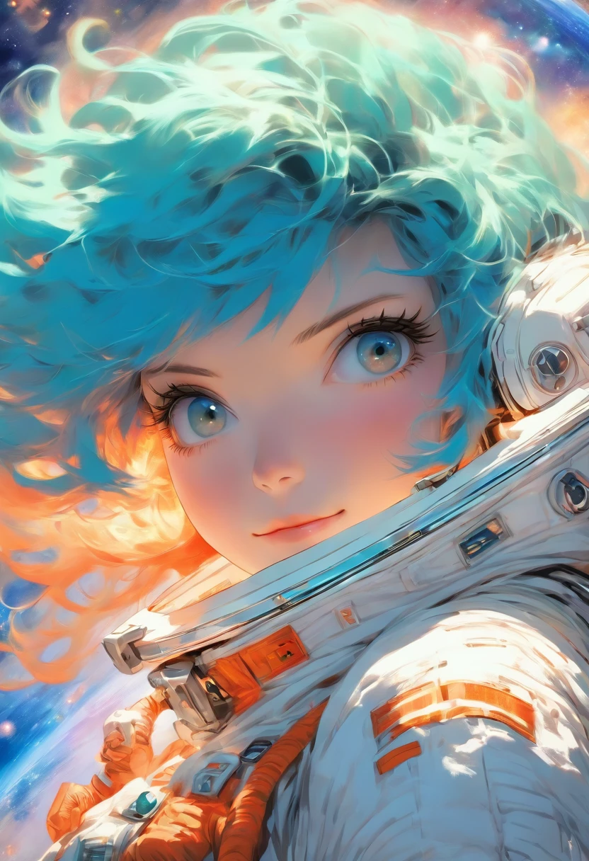 The most beautiful and sexy astronaut girl, blue hair, orange eyes, wearing highly detailed astronaut spacesuit, in outer space, highly detailed background, perfect masterpiece, high quality, high resolution