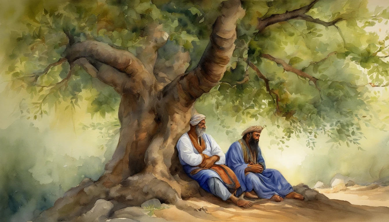 Homem oriental, velho, Wise, Resting under a leafy tree, In front of him a young prince weeping