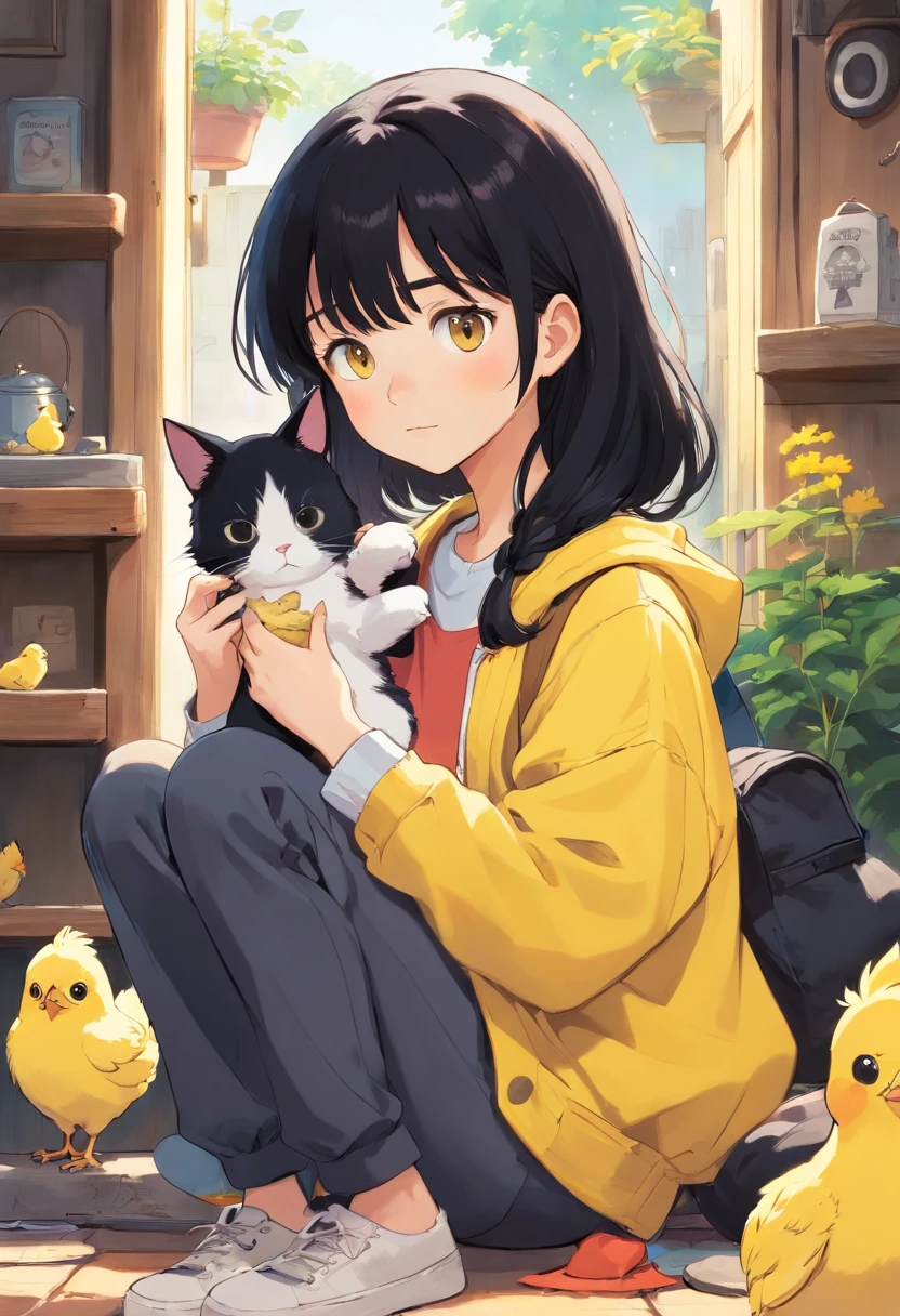 Girl with black hair and bangs with baggy pants listening to music along with her black and white cat and holding a yellow chicken puppy