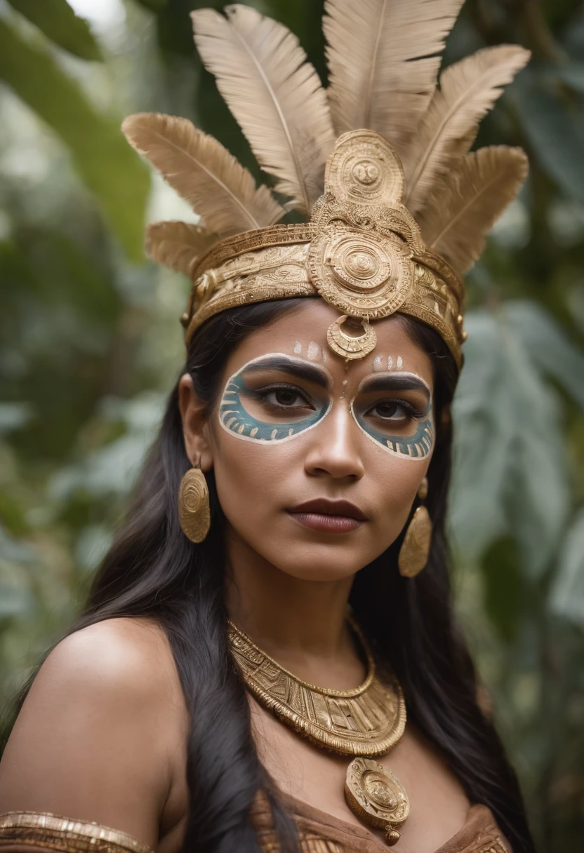 photo of a award winning photography,  aztec woman wearing ancient aztec facepaint and gold ornament,  in a lushful jungle,  detailed skin,  skin pore,  fantasy magic,  long hair,  intricate,  sharp focus,  highly detailed