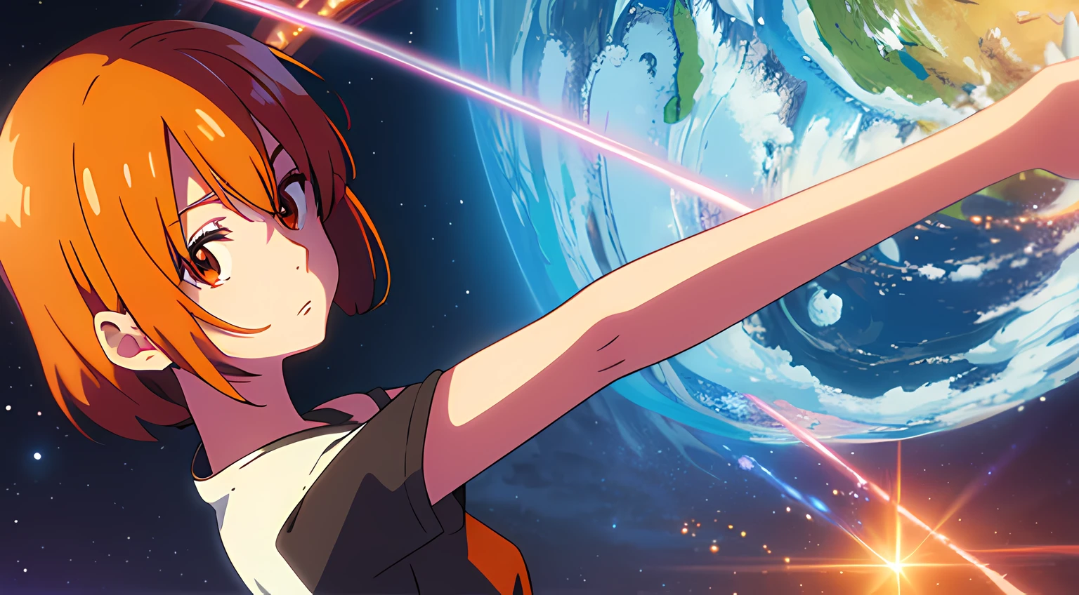 2d, masterpiece, best quality, anime, highly detailed face, highly detailed eyes, orange hair, orange eyes, highly detailed background, perfect lighting, full body, 1girl, solo, earth-chan, t-shirt, small breasts, space, earth \(planet\)
