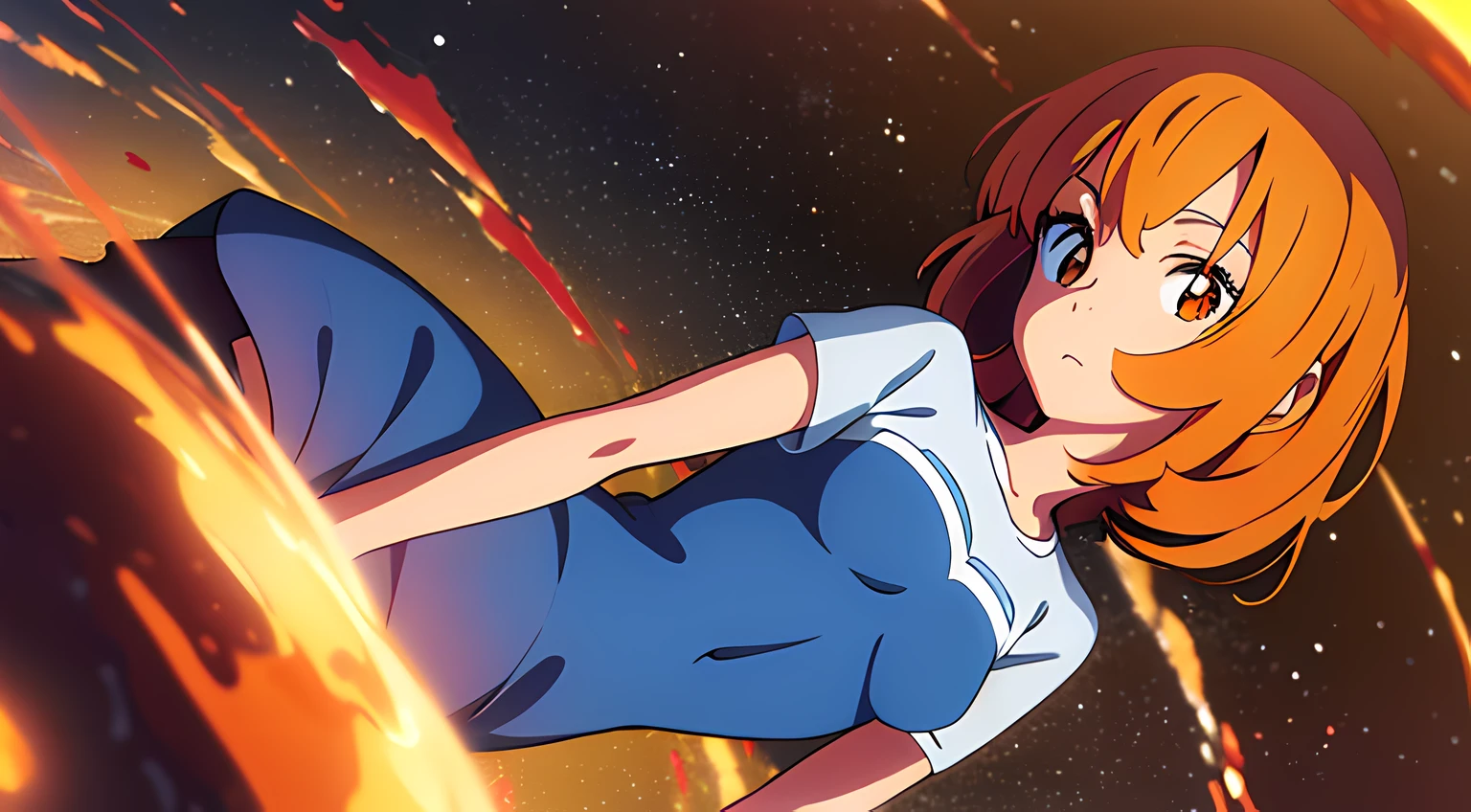 2d, masterpiece, best quality, anime, highly detailed face, highly detailed eyes, orange hair, orange eyes, highly detailed background, perfect lighting, full body, 1girl, solo, earth-chan, t-shirt, small breasts, space, earth \(planet\)