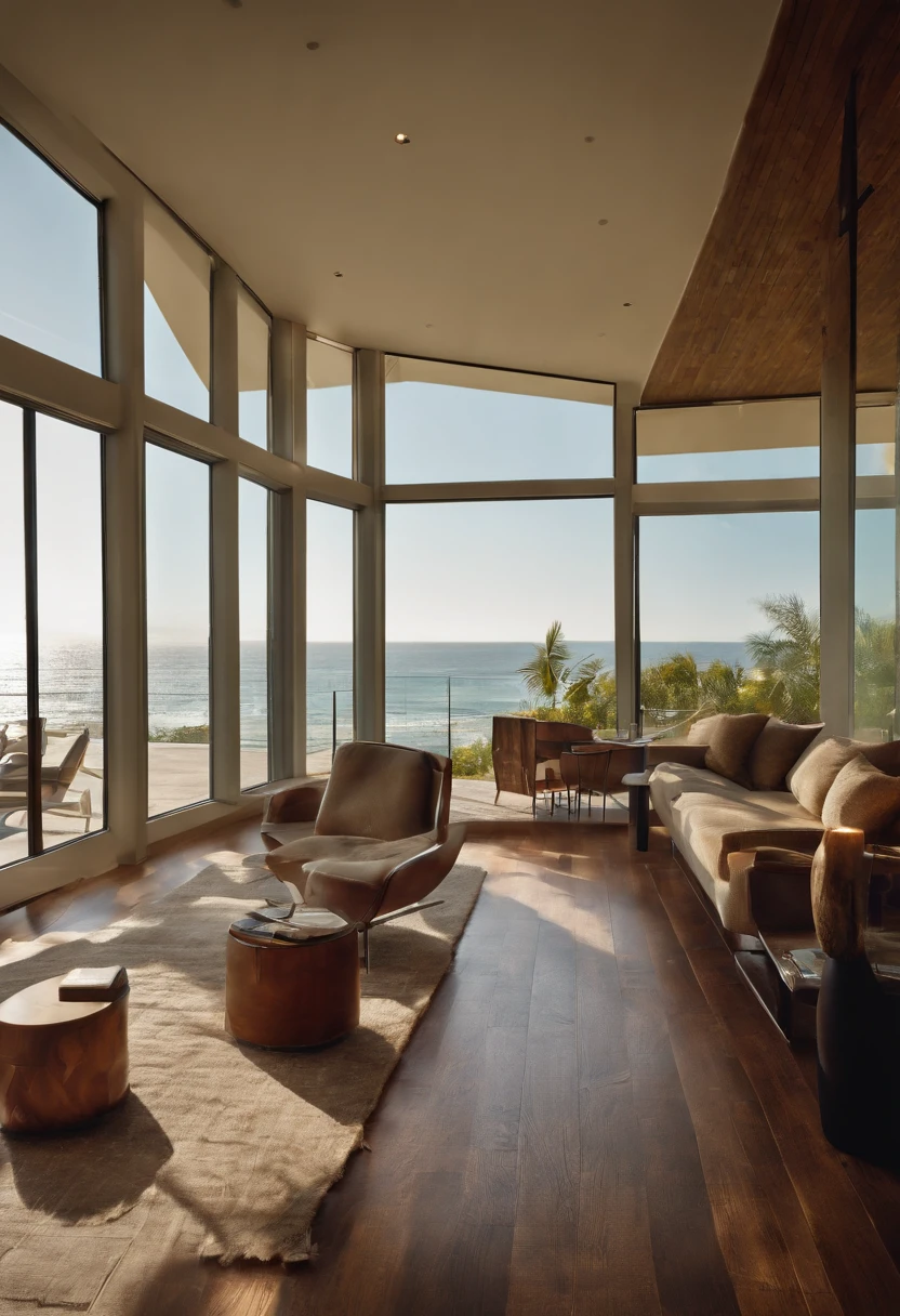 high end floor lamp in modern living room on the coast in florida. high resolution. masterpiece, beautiful, work of art, modern design, inspired, architectural digest worthy, multimillion dollar home, creative elegance, contemporary decor, modern furniture, beautiful day, susnset, floor to ceiling windows, photograph, nikon 35mm f11