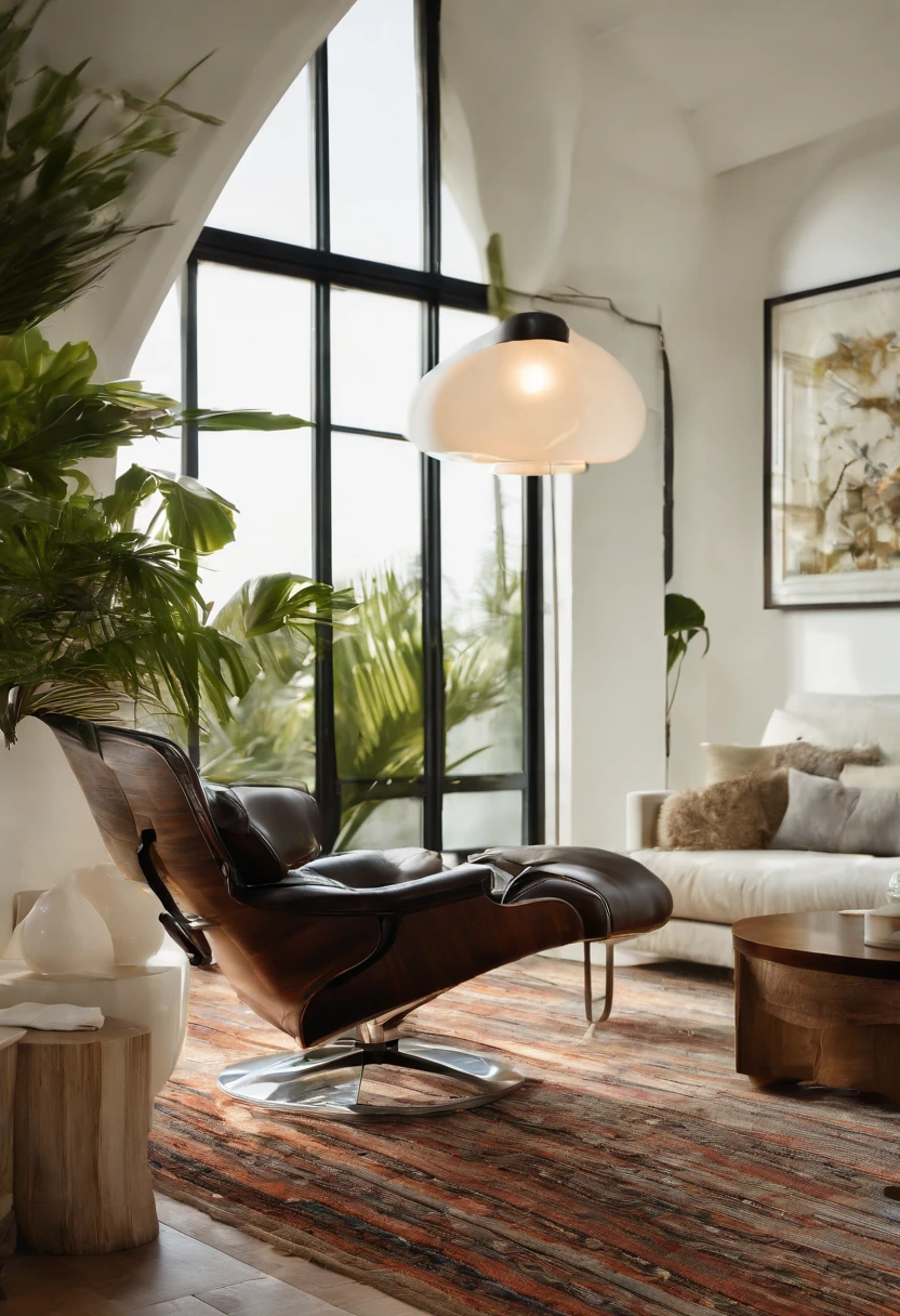 high end floor lamp in modern living room on the coast in florida. high resolution. masterpiece, beautiful, work of art, modern design, inspired, architectural digest worthy, multimillion dollar home, creative elegance, contemporary decor, modern furniture, beautiful day, susnset, floor to ceiling windows, photograph, nikon 35mm f11