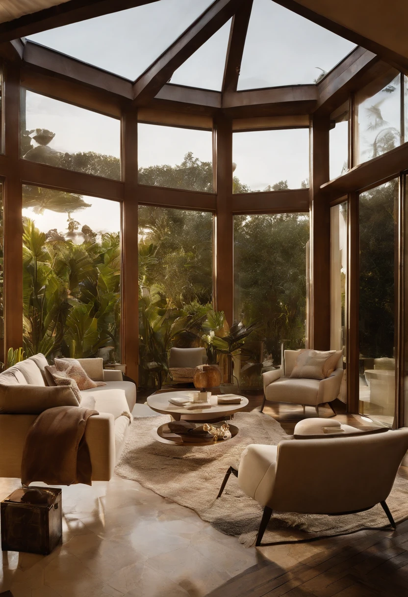 high end floor lamp in modern living room on the coast in florida. high resolution. masterpiece, beautiful, work of art, modern design, inspired, architectural digest worthy, multimillion dollar home, creative elegance, contemporary decor, modern furniture, beautiful day, susnset, floor to ceiling windows, photograph, nikon 35mm f11