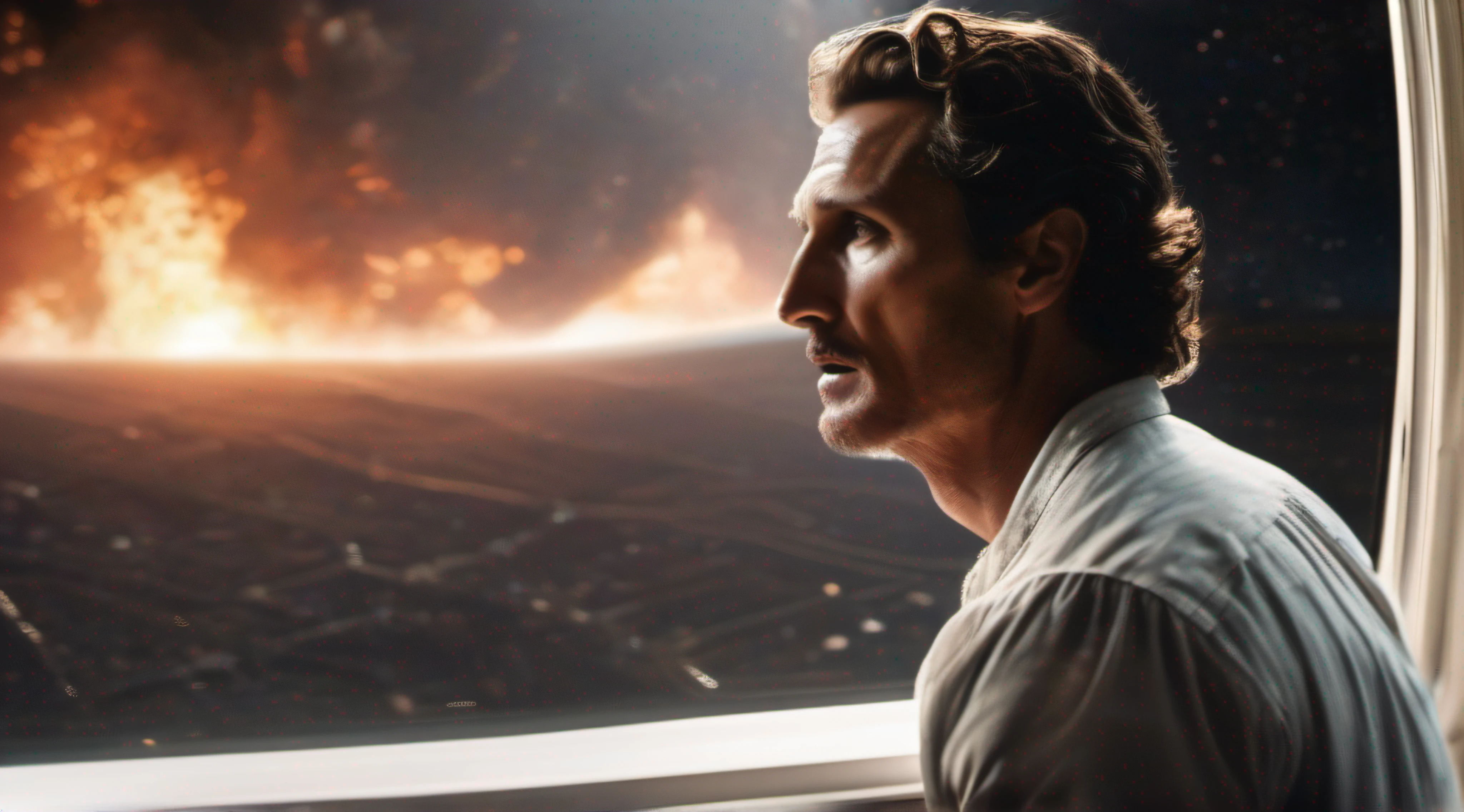 Matthew McConaughey inside the Endurance looks in shock at the explosion of the earth through a large window, which shows black space, The Stars and the Burning Earth. Emotional scene, dinamic lighting, hight resolution, a lot of details, cinematic  composition, scene from the movie "Interstellar"