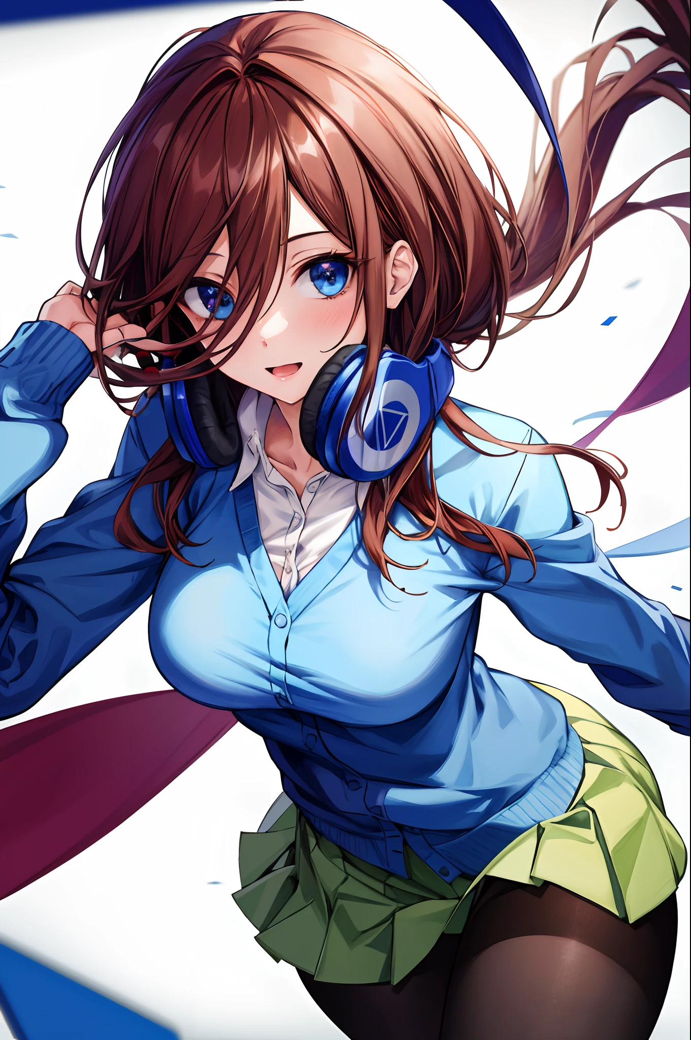 absurdres, best quality, 1girl, solo, eye focus, looking at viewer, Miku, Blue Cardigan, brown hair