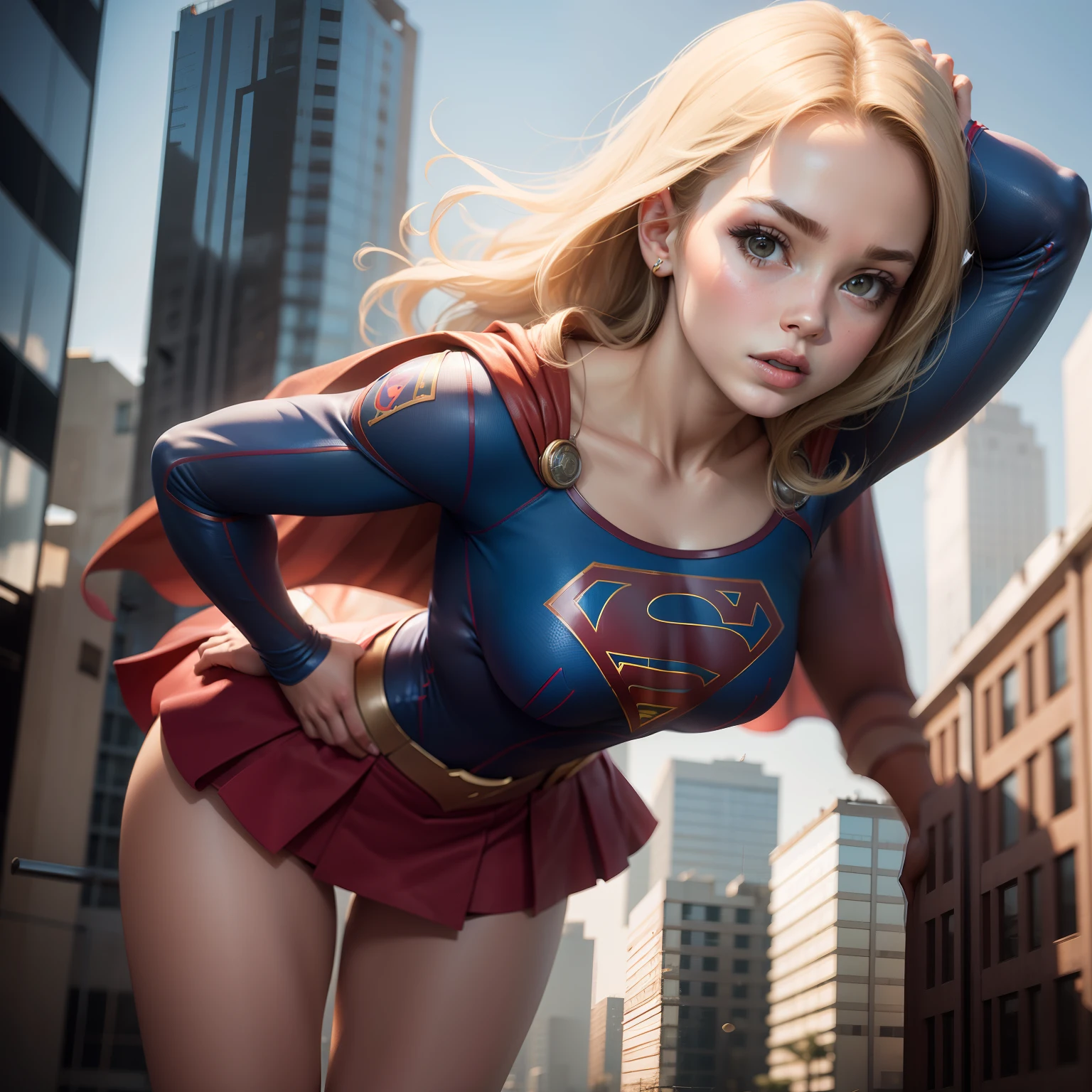 Young Supergirl posing sexy on tall building