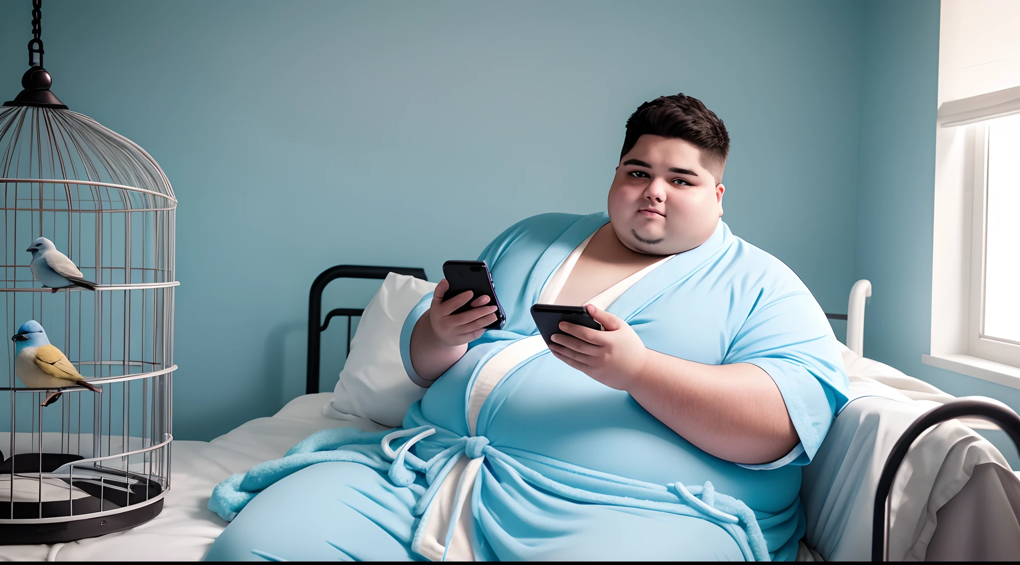 an obese 21 year old man, eyes fixed forward, in the hospital, cell phone in hand, in a light blue robe, looking directly at the camera, 8k, real resolution, a bird cage next to his empty bed