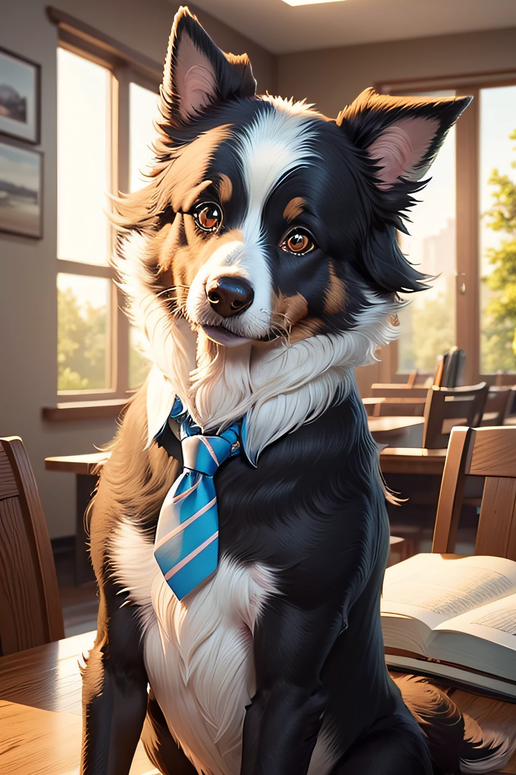 Make a Border Collie Dog, This dog must be wearing a tie and glasses, deve estar em uma biblioteca lendo um livro. Foto estilo disney pixar