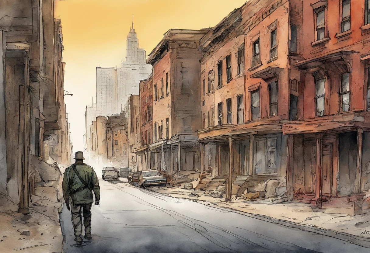 httpS (english)://S.MJ.run/WYZY(wYG)_kDEBVFcGraphic Novel Illustration, Telephoto angle of Long Street in the New York desert, Man looking out the window dystopia, doomsday