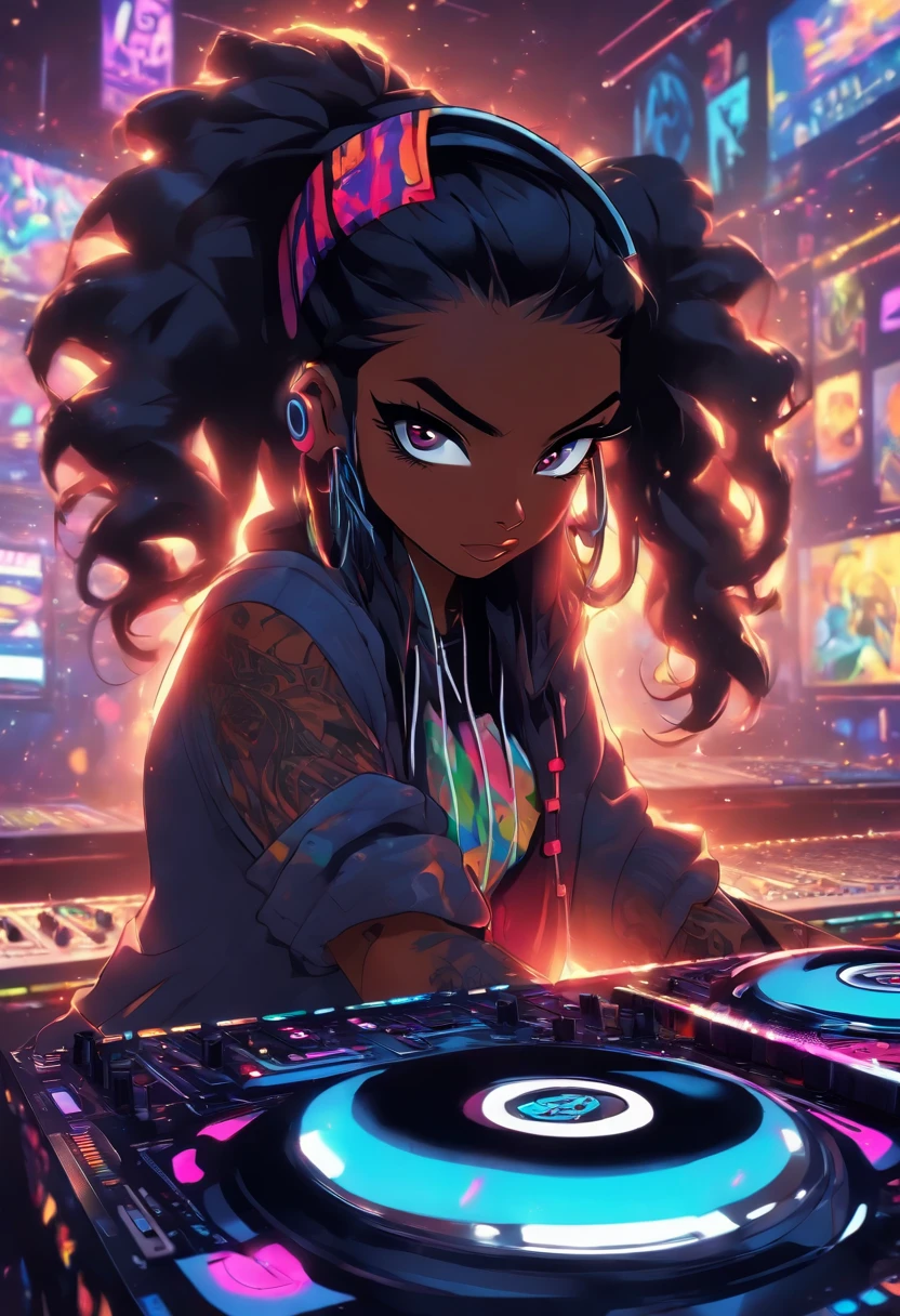 The most beautiful and sexy DJ girl, long black hair in a ponytail, blue eyes, dark skin, wearing headphones, wearing trendy hip hop hoodie, graphic t-shirt and torn skinny jeans, tons of tattoos and piercings, sitting at a highly detailed mixing board turntable, performing in a dance club, highly detailed background, perfect masterpiece, high quality, high resolution