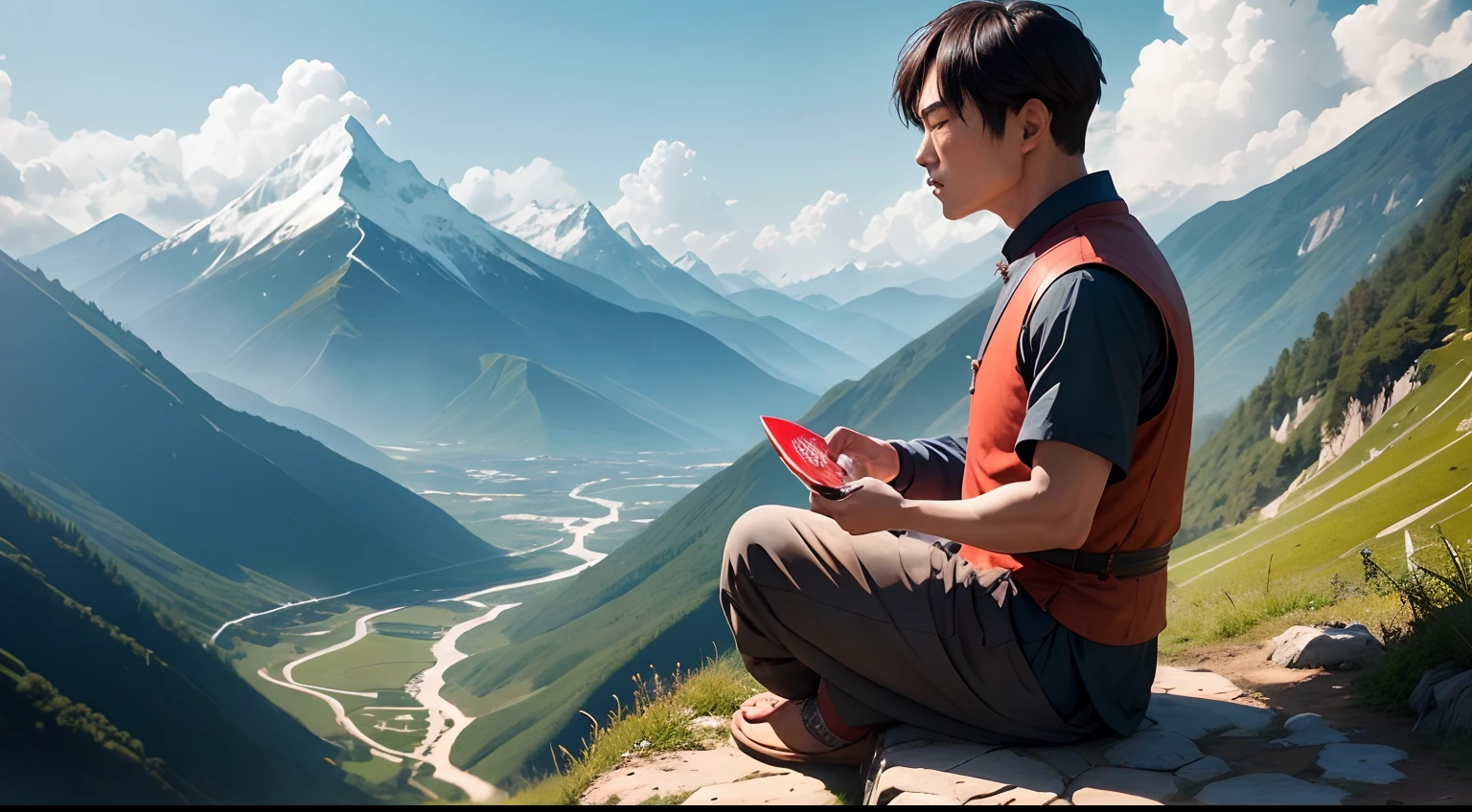 Chinese man, dressed simply and humbly, peasant, villager, meditating in the mountains