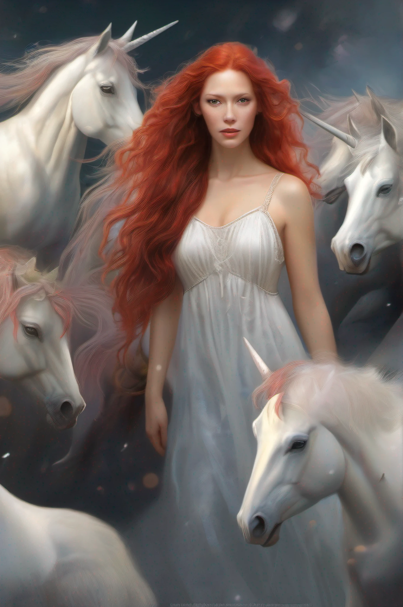 realistic yupung woman, nordic features, long curly red hair in black, sheer negligee, against backdrop of blurry herd of unicorns