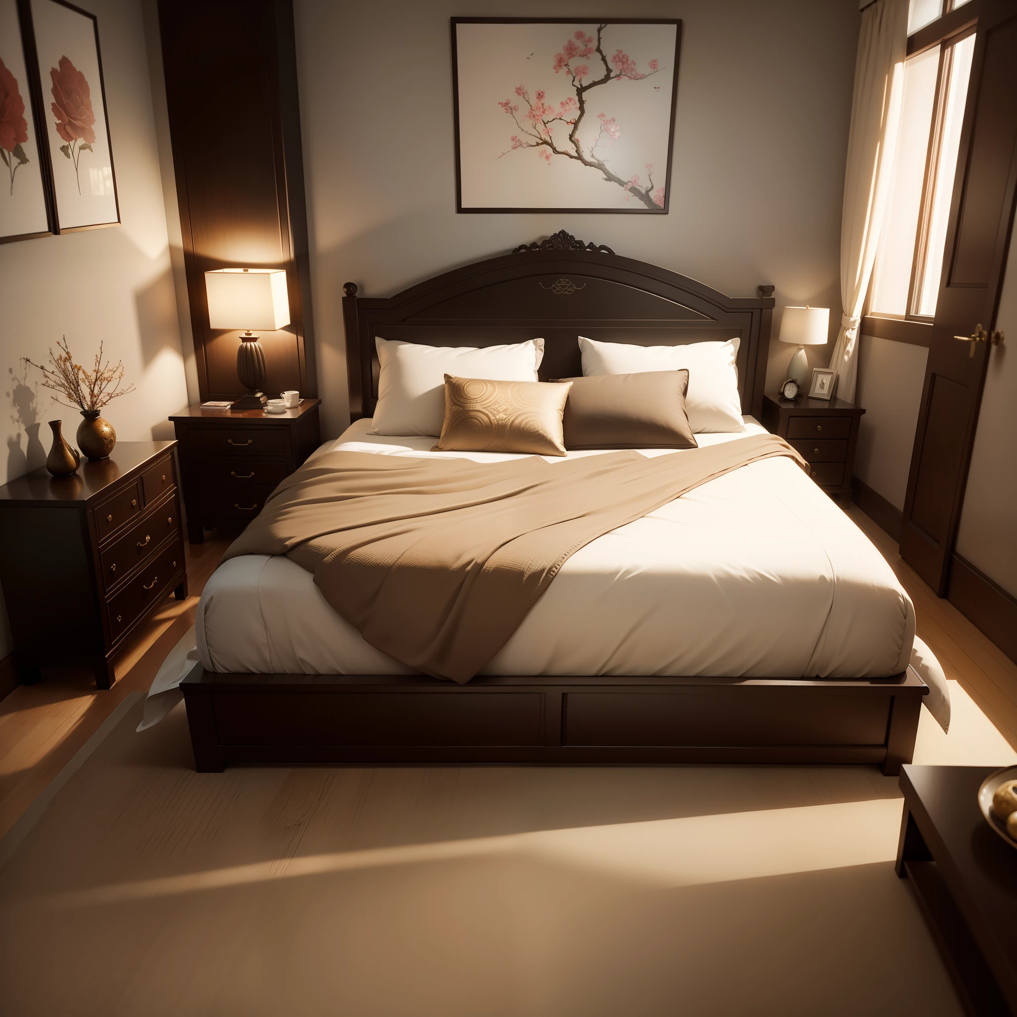 Modern new Chinese style bedroom,Artistic touch,8K,,Award level,ultra-realistic realism,with an antique feel