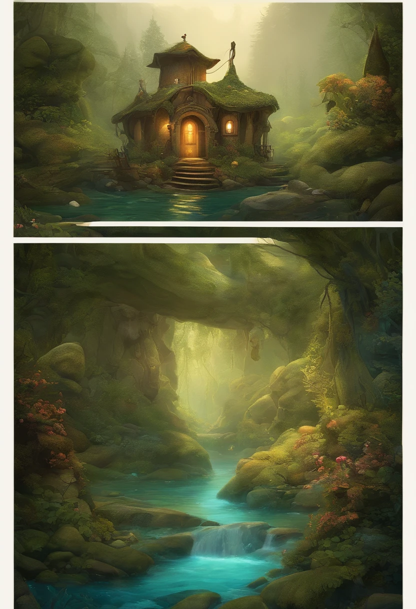 Detalhado e intrincado, Bioluminicense, A dwarf village in the depths of the forest, Picture book illustrations, Italy, na mata、There is big mansion