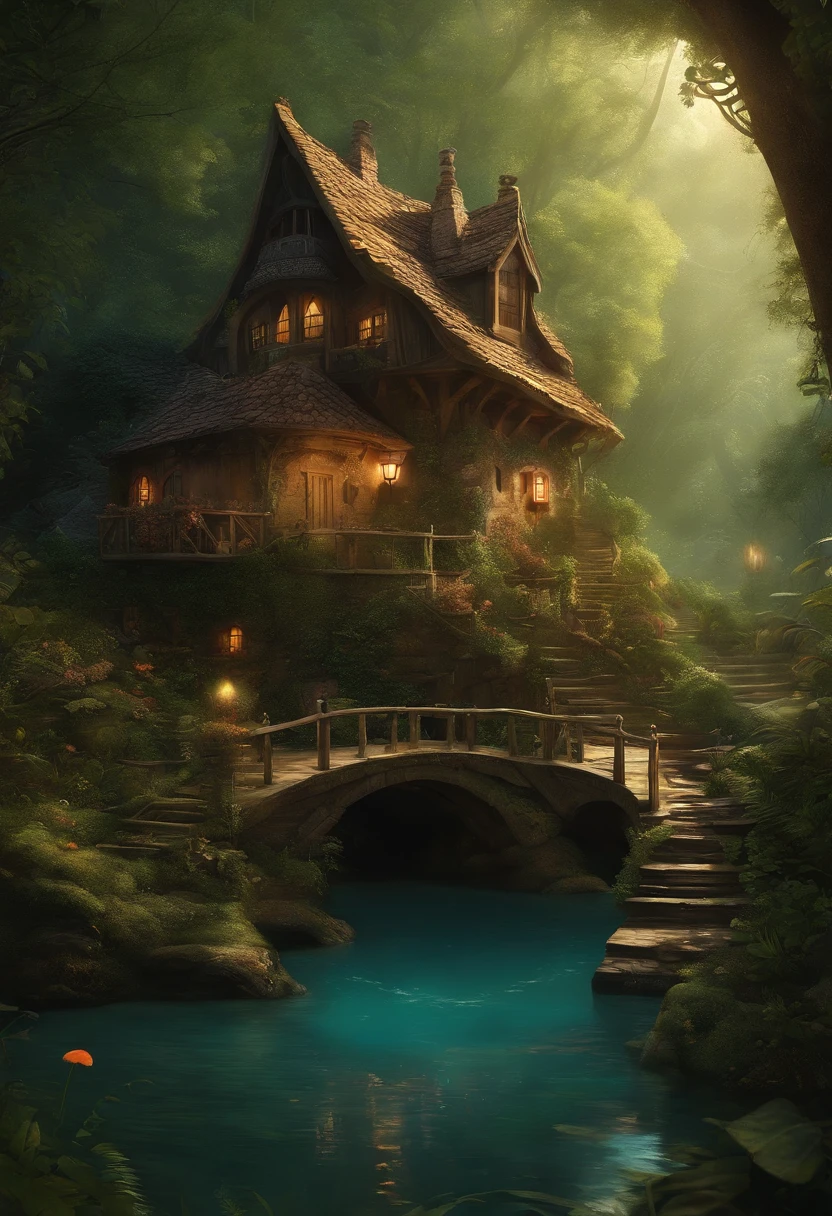 Detalhado e intrincado, Bioluminicense, A dwarf village in the depths of the forest, Picture book illustrations, Italy, na mata、There is big mansion