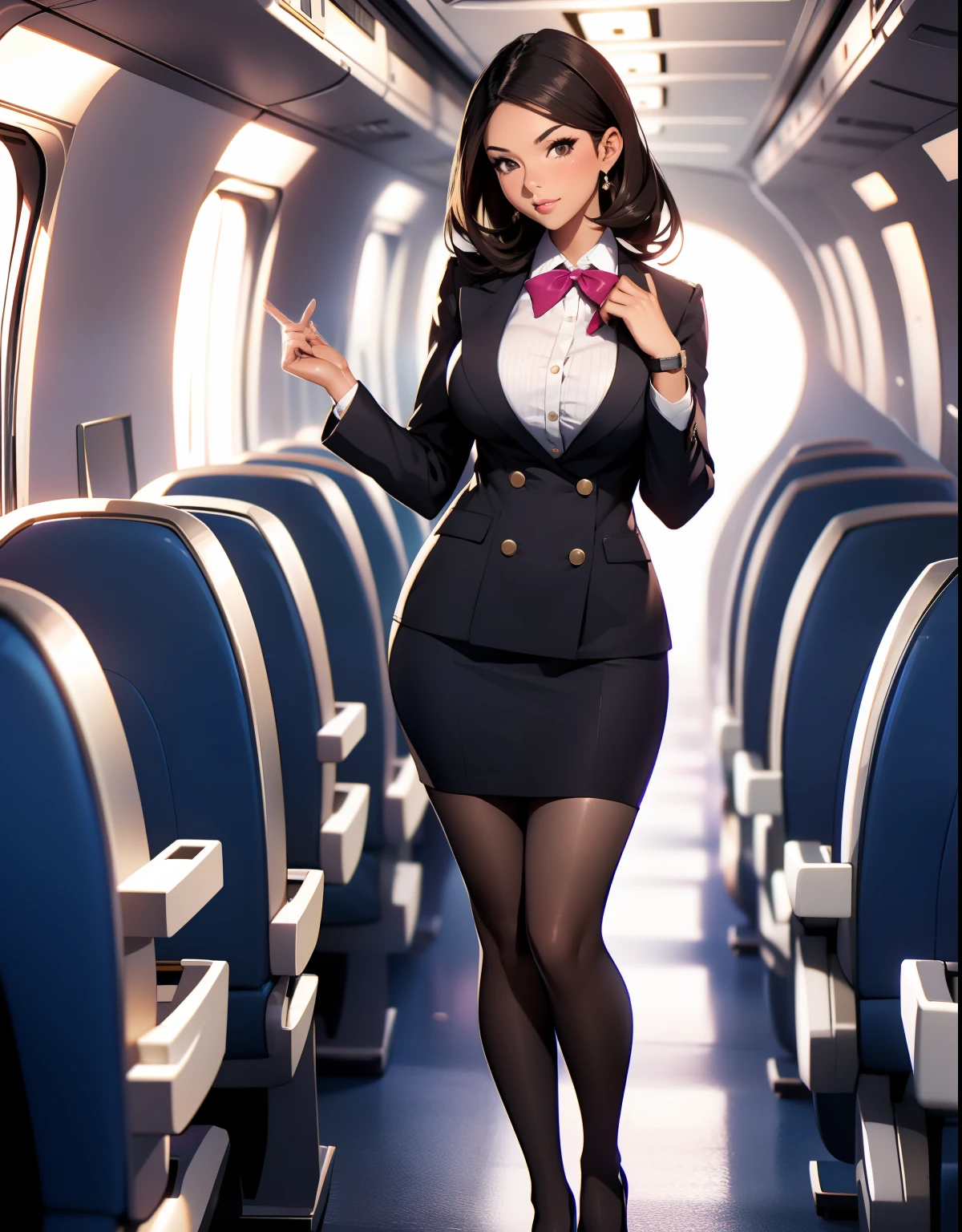 Stewardess，Wear flight attendant clothes，A beautiful full body girl，with fair skin，cabelos preto e longos，24 years of age，busty figure，short  skirt，Super sexy scene，facial closeups