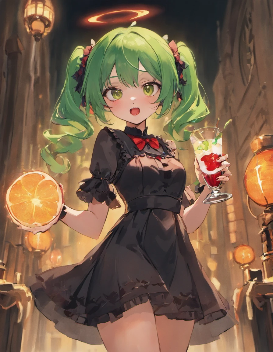 Vampire girl with green hair pigtails red eyes goth dress holding drink red lipstick bats