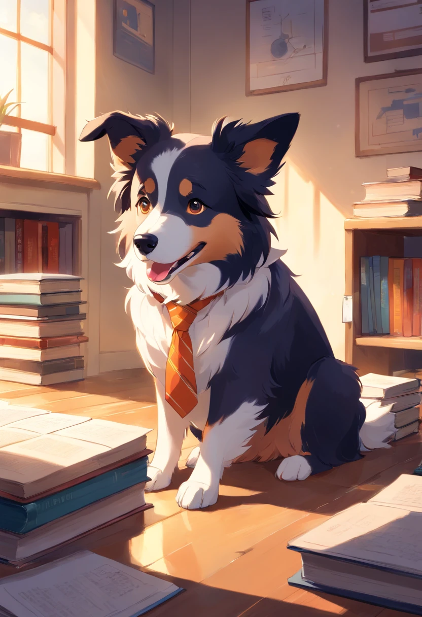 Make a Border Collie Dog, This dog must be wearing a tie and glasses, deve estar em uma biblioteca lendo um livro. Foto estilo disney pixar