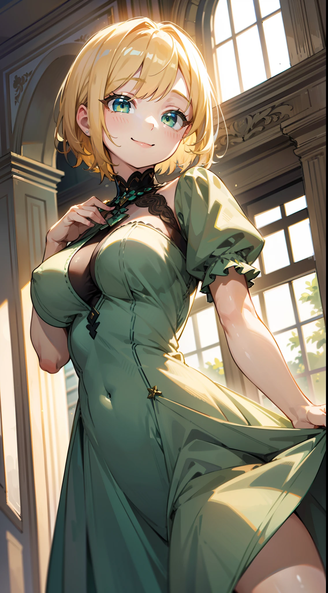 A tall and beautiful {{Elizabeth Banks (Skirt lift bottom pov | Goofy Ai)), with blonde hair and blue eyes, small nose and full red lips and curled black eyelashes, {wearing a tight-waisted green dress and a pair of black pumps}.