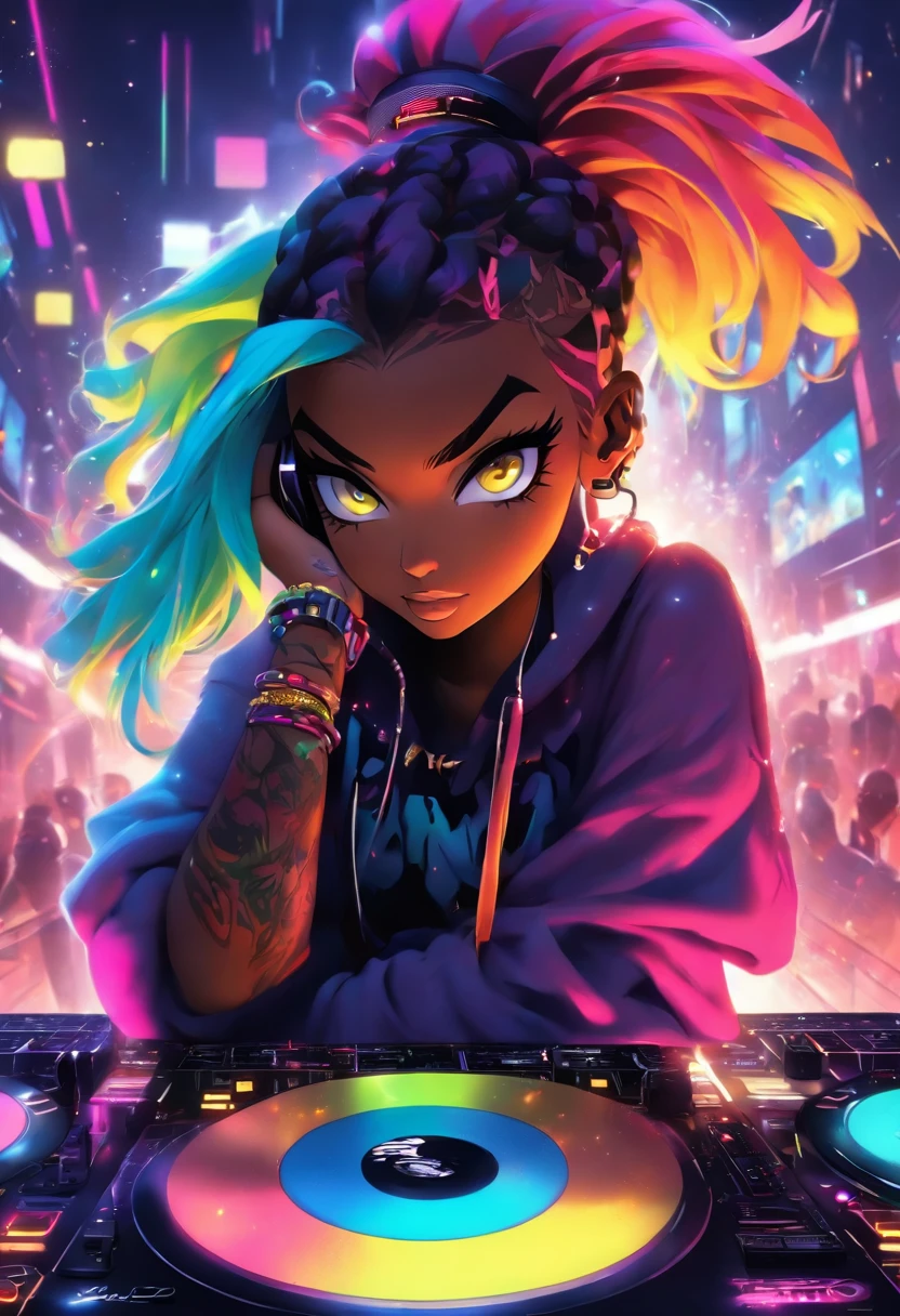 The most beautiful and sexy DJ girl, rainbow colored hair in a ponytail, yellow eyes, dark skin, wearing headphones, wearing trendy hip hop hoodie, graphic t-shirt and torn skinny jeans, tons of tattoos and piercings, sitting at a highly detailed mixing board turntable, performing in a dance club, highly detailed background, perfect masterpiece, high quality, high resolution