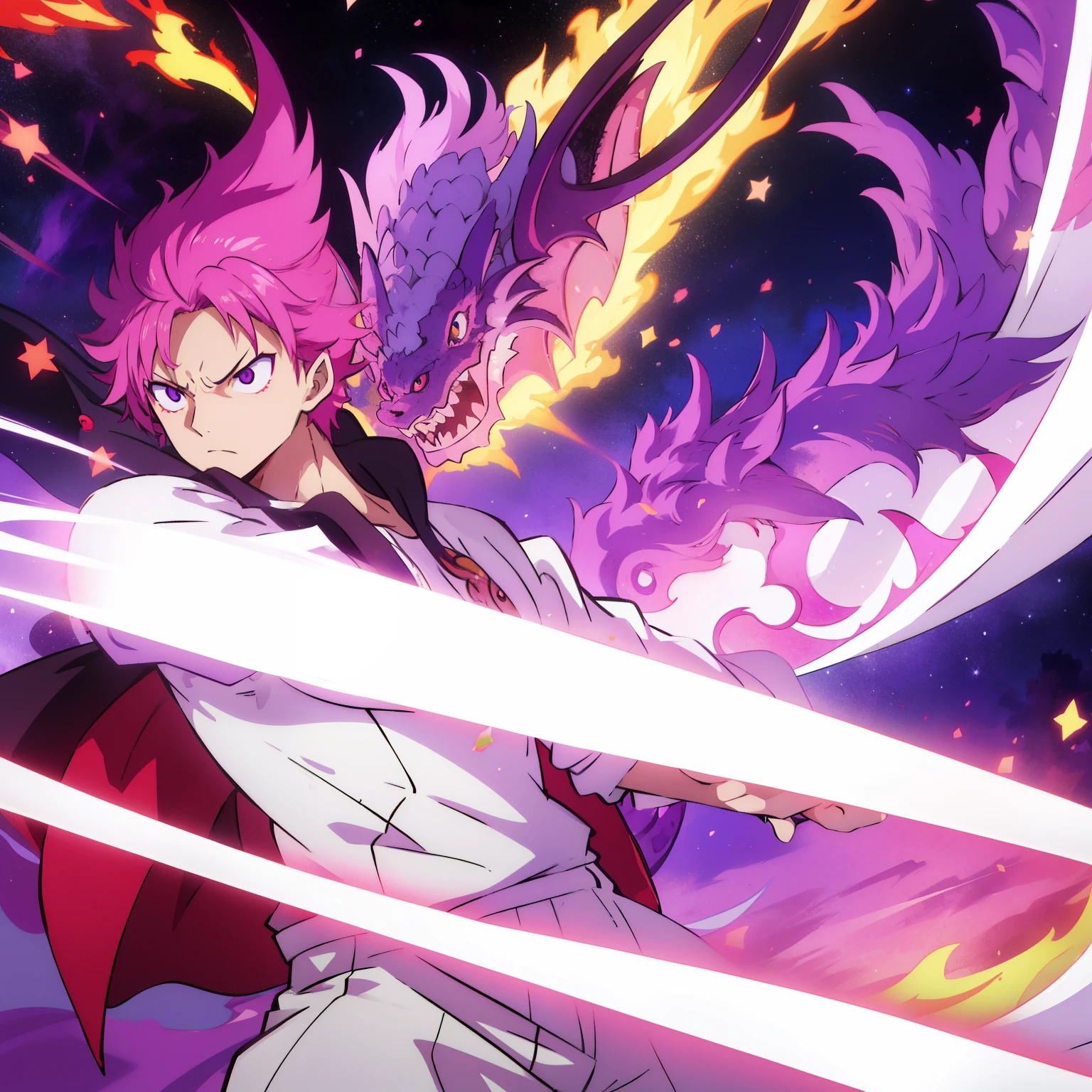 2d anime boy with white outfit epic pose in the background a purple dragon on the background purple fire blurred rest the dragon character with stars in the coderal space of the body