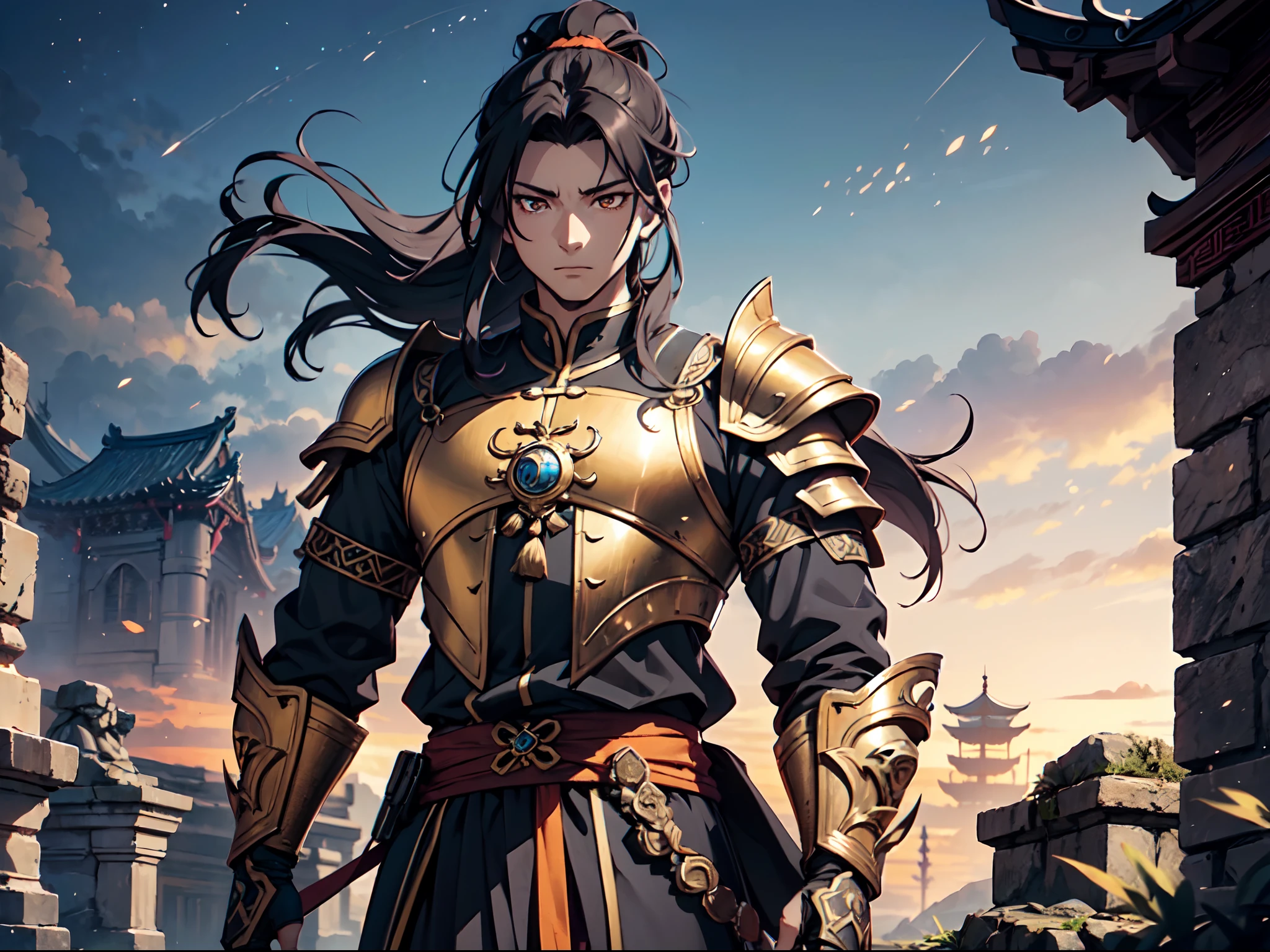 Ultra High Definition, Ultra High Quality, Extremely Detailed, Perfectly Detailed, Masterpiece, 8k, 1 Boy, Look A Like Xin From Kingdom Anime, Handsome, Armored With Chinese Emperor Armor, Black And Orange Pupil Eyes, Black Long Hair Tied, Full Body Shot, Ancient Kingdom Background