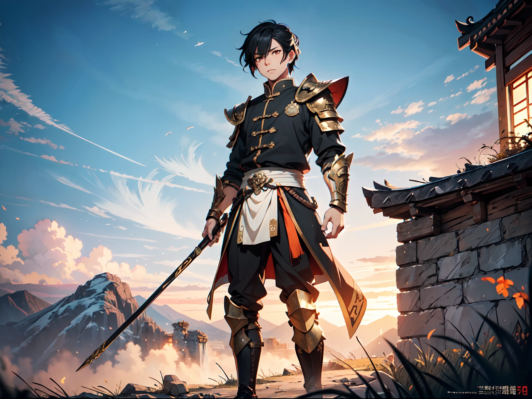 Ultra High Definition, Ultra High Quality, Extremely Detailed, Perfectly Detailed, Masterpiece, 8k, 1 Boy, Look A Like Xin From Kingdom Anime, Handsome, Armored With Chinese Emperor Armor, Black And Orange Pupil Eyes, Black Long Hair Tied, Full Body Shot, Ancient Kingdom Background