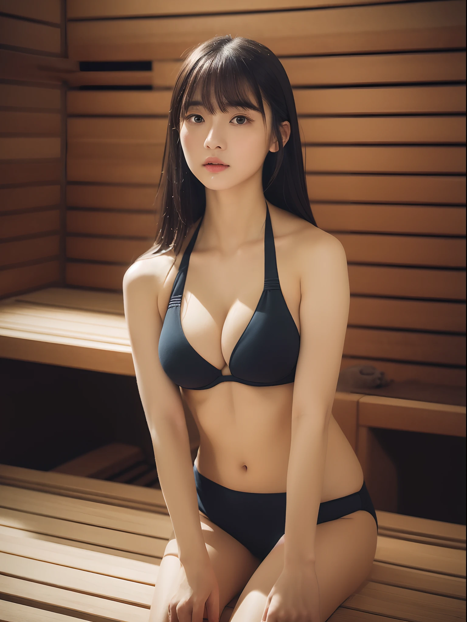 dreamy ambiance, Vintage,Color scheme of old Polaroid cheki photos ,lowkey,Extremely low contrast、((top-quality、8K、masterpiece:1.3))、femele(Full body portrait、The bikini、bending forward、cleavage of the breast、Inside_sauna:1.6)、Sauna room、Overhead camera、foco nítido:1.2、prety woman:1.4、((A dark-haired、Medium hair、straight haired、thick bangs))、Highly detailed face and skin and hair texture、a wet body、Wet face、wetting hair、A detailed eye、二重まぶた、de pele branca、beautiful delicate nose、Cute young Japan woman、20yr old、With dynamic angles、While exuding melancholy emotions characterized by calming tones and contrasting mixes of light and shadow、Subject's hair、The eye、Bocchi、While emphasizing the action、pleasing to the eye、It is a thought-provoking composition。