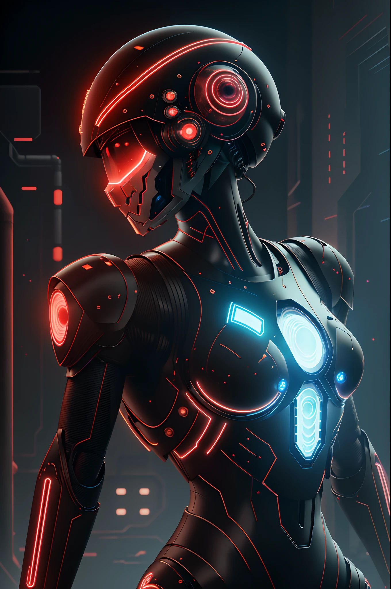 a close up of a mshn robot , futobot, cyborg , wearing cyberhelmet, 6 glowing eyes , white female body and armor, mshn factory, tubes connected to neck, neon light
photorealistic, masterpiece, best quality, 35mm film, film grains, cyberpunk,EbonyGoldAI