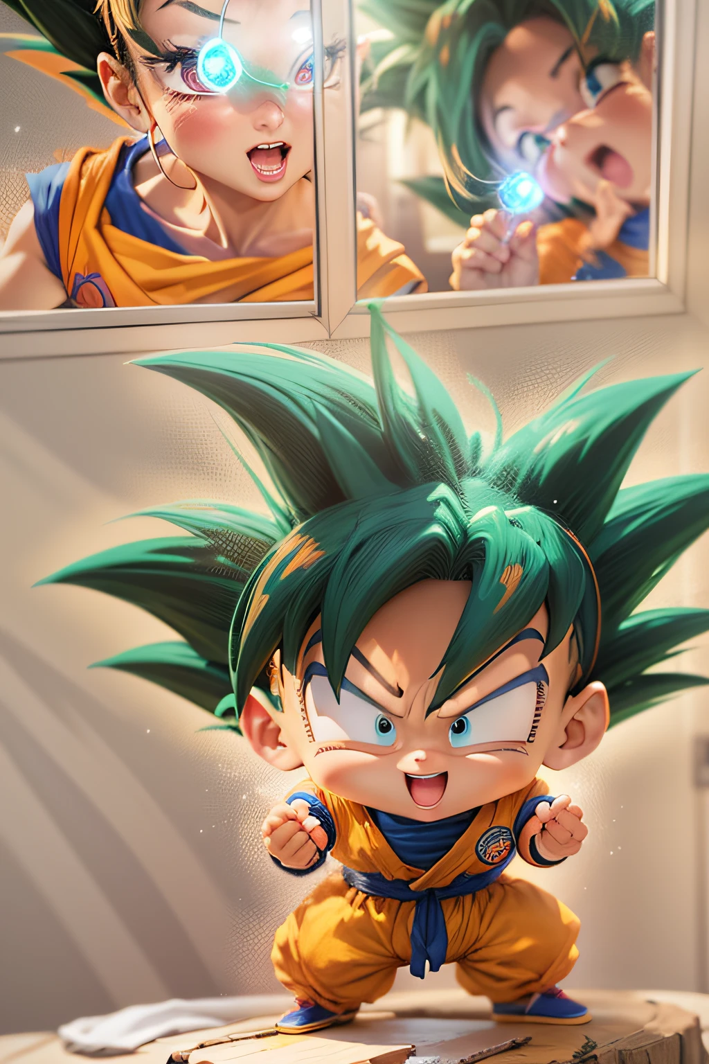 kid goku de dragon ball, fofinho, amigavel , melhor qualidade,ultra-detalhado,Realistic,Funny,anime,cores suaves,belos olhos detalhados,expression joyful,playful pose,Features Cute Saiyan,Peaceful and lively background,Reflectance of the mirror surface,gradient lighting,Bokeh,dynamic energy,Aura Espiritual,roupas coloridas,movimento de voo,Dragon ball style,nostalgic atmosphere
