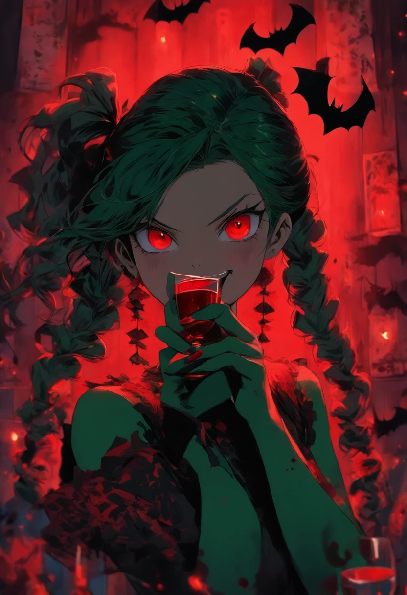long hair pigtails, dark green hair, red lipstick, red eyes, drinking wine, goth dress, flying bats, blood on clothes