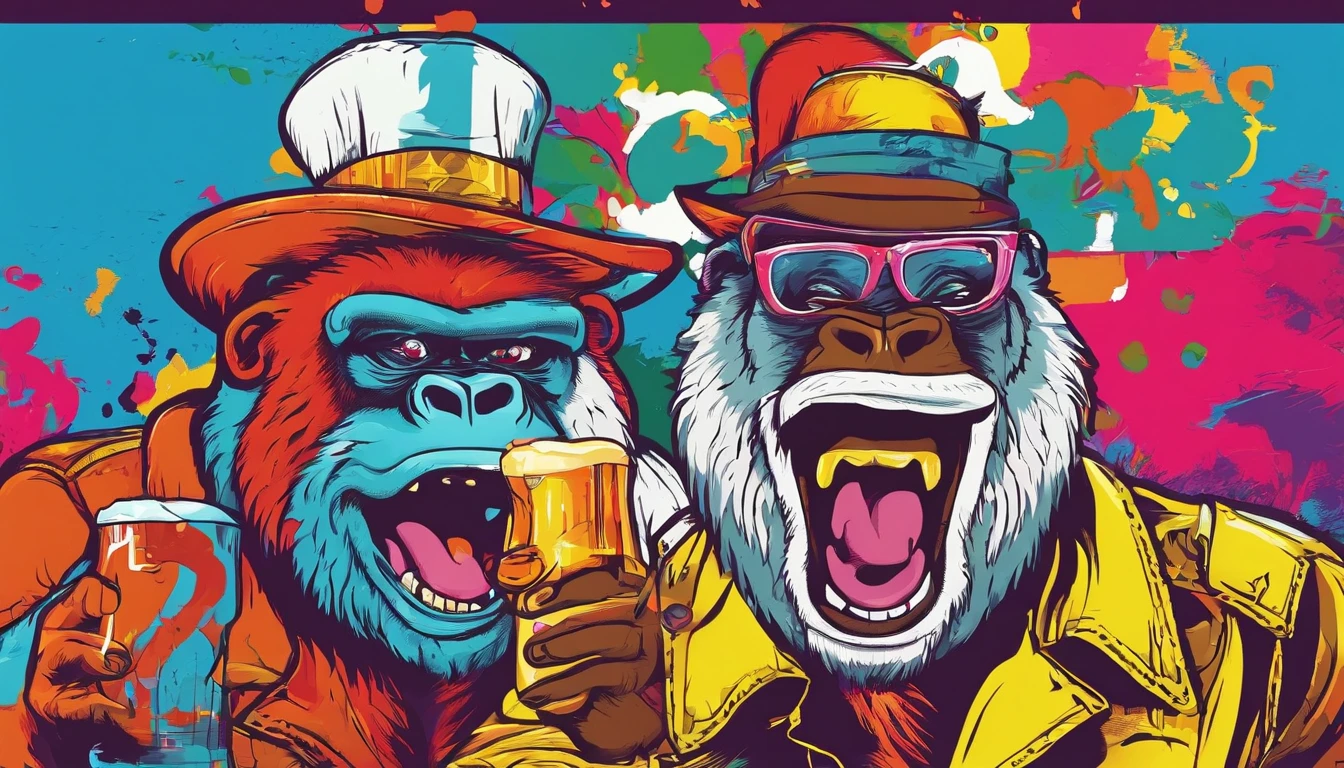 two gorilla's celebrating, beer mugs, smiles, happy, cheerful, colorful, abstract, high resolution, detailed, fun