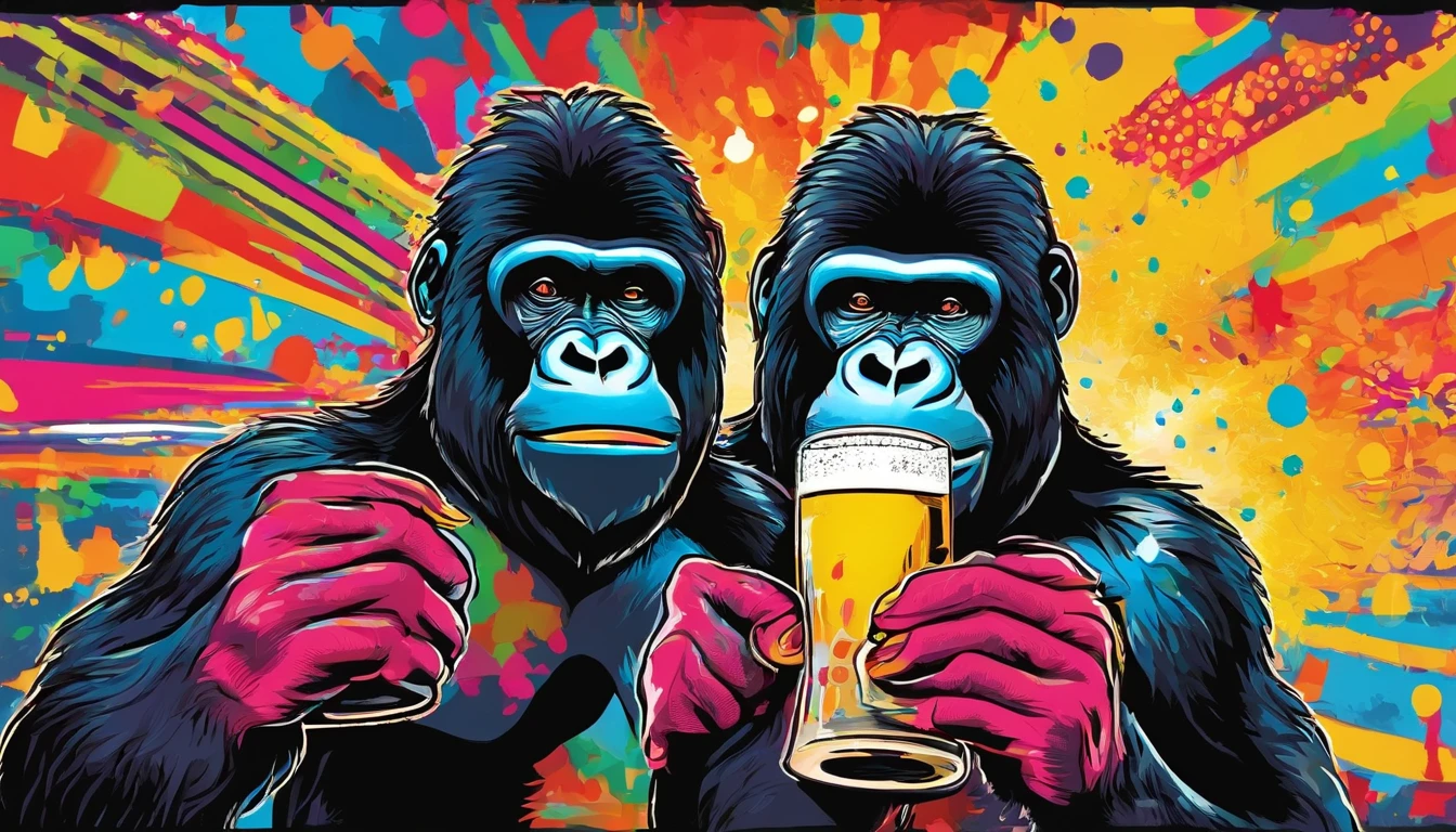 two gorilla's celebrating, beer mugs, smiles, happy, cheerful, colorful, abstract, high resolution, detailed, fun